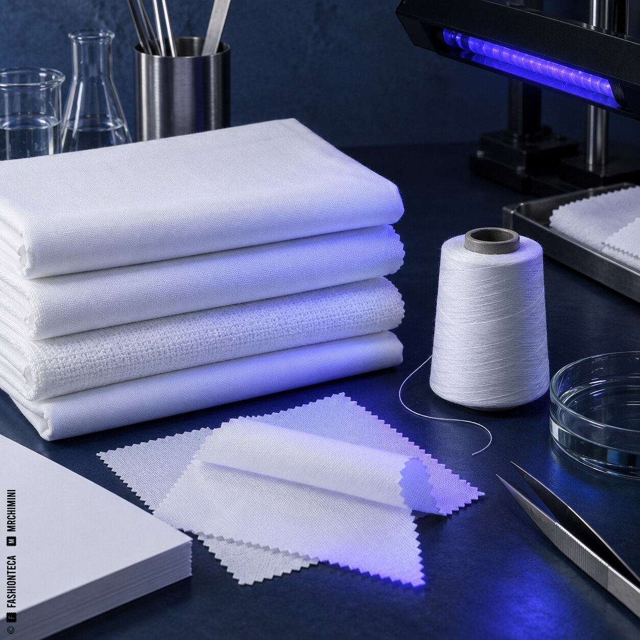 Bodegón técnico blanco óptico con tejidos, papel, hilo, acero y luz ultravioleta azul