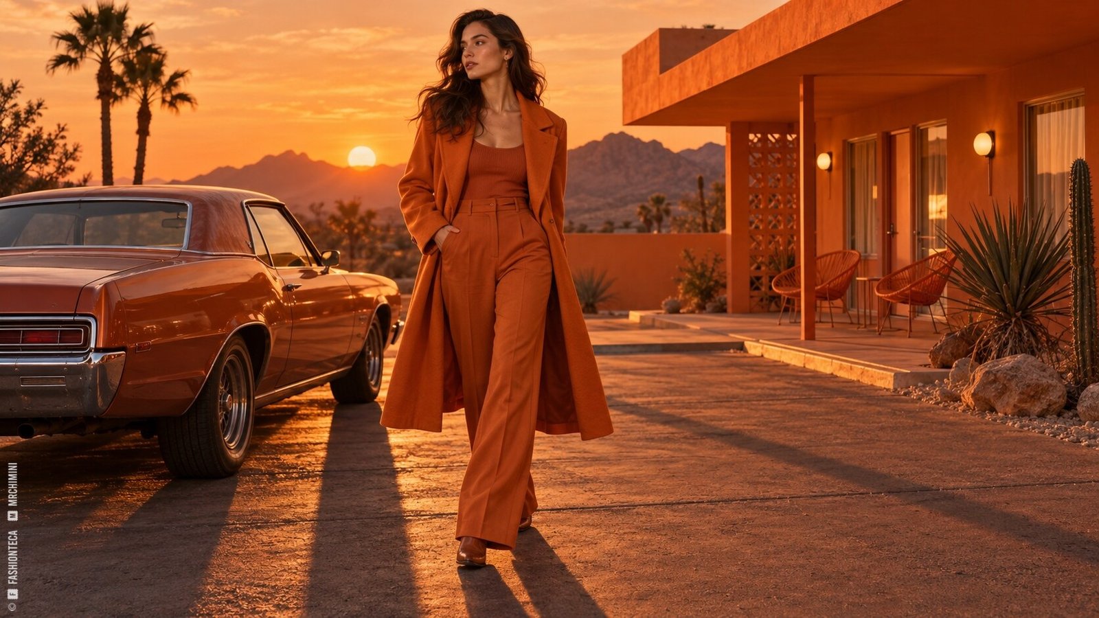 Editorial de Moda naranja al atardecer junto a una arquitectura de desierto y un automóvil color óxido