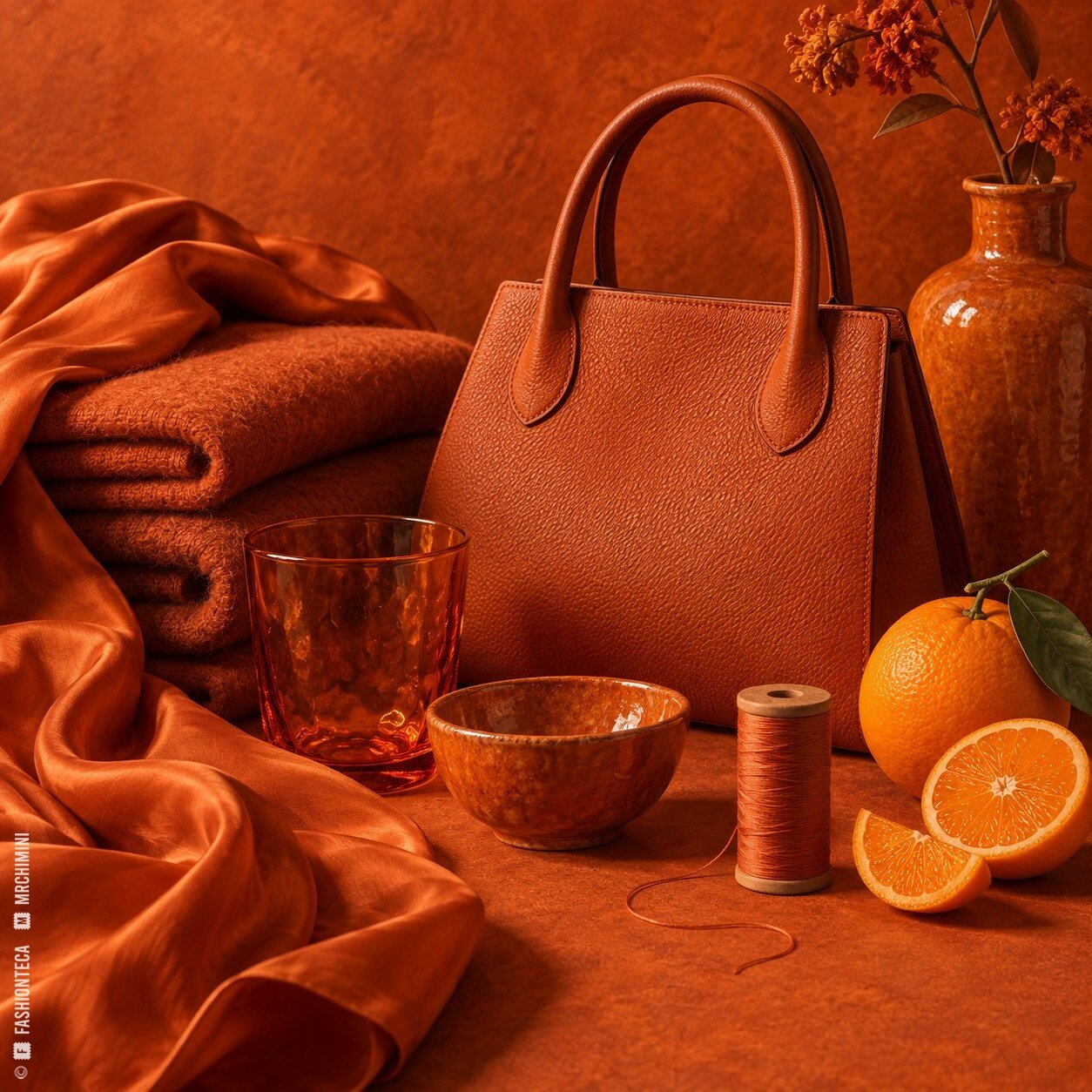 Bodegón naranja con seda, lana, cuero, vidrio, cerámica, hilo y cítricos sobre fondo naranja quemado