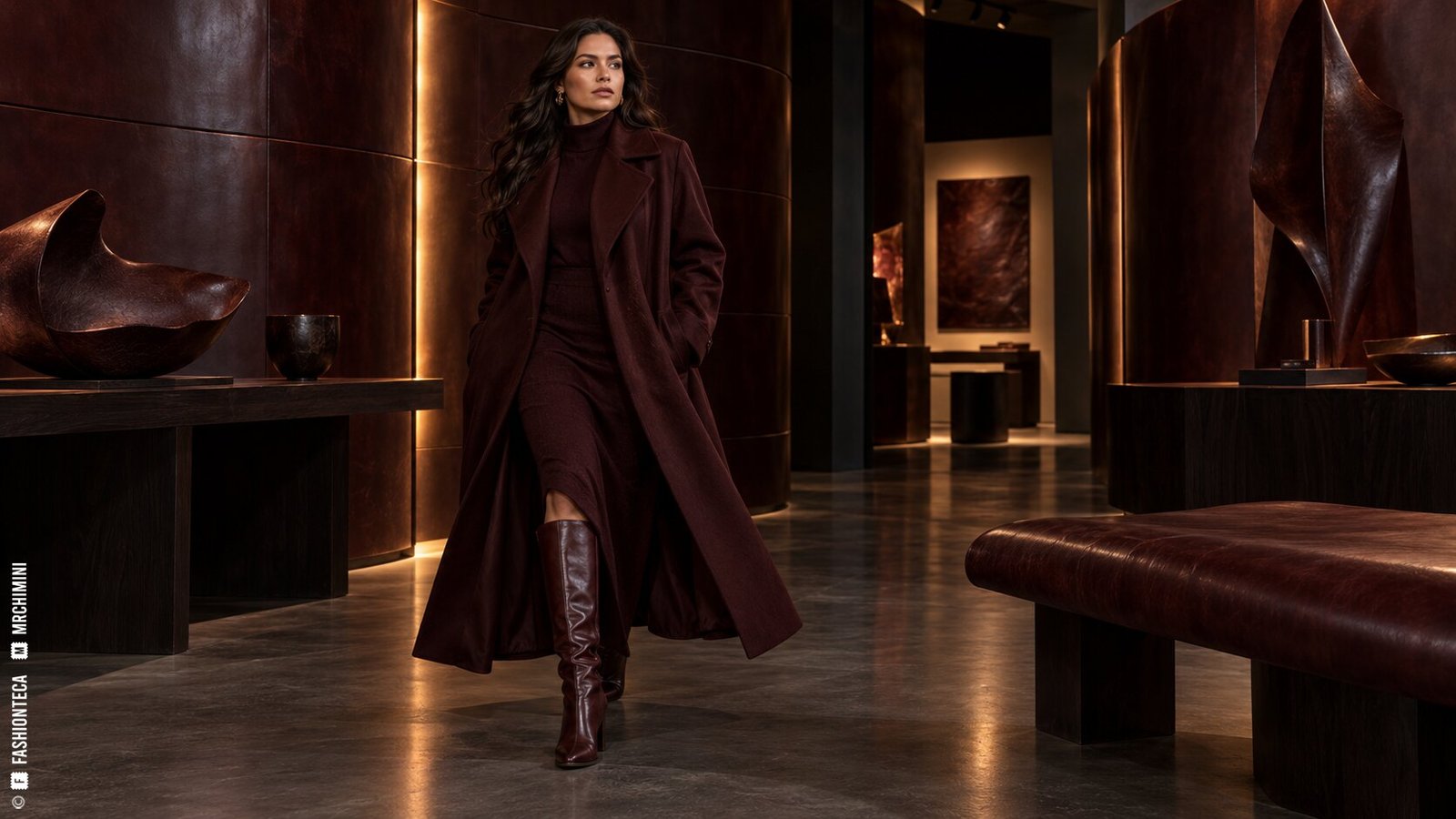 Editorial de Moda oxblood en una galería nocturna de cuero bruñido y madera oscura