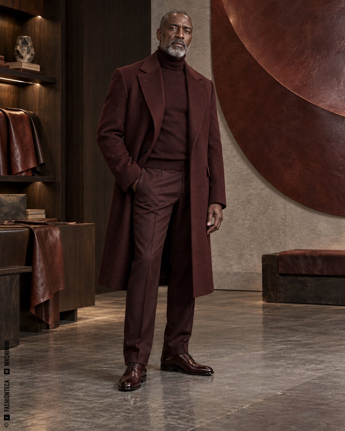 Modelo de cuerpo entero con abrigo y accesorios oxblood en un taller contemporáneo de cuero oscuro