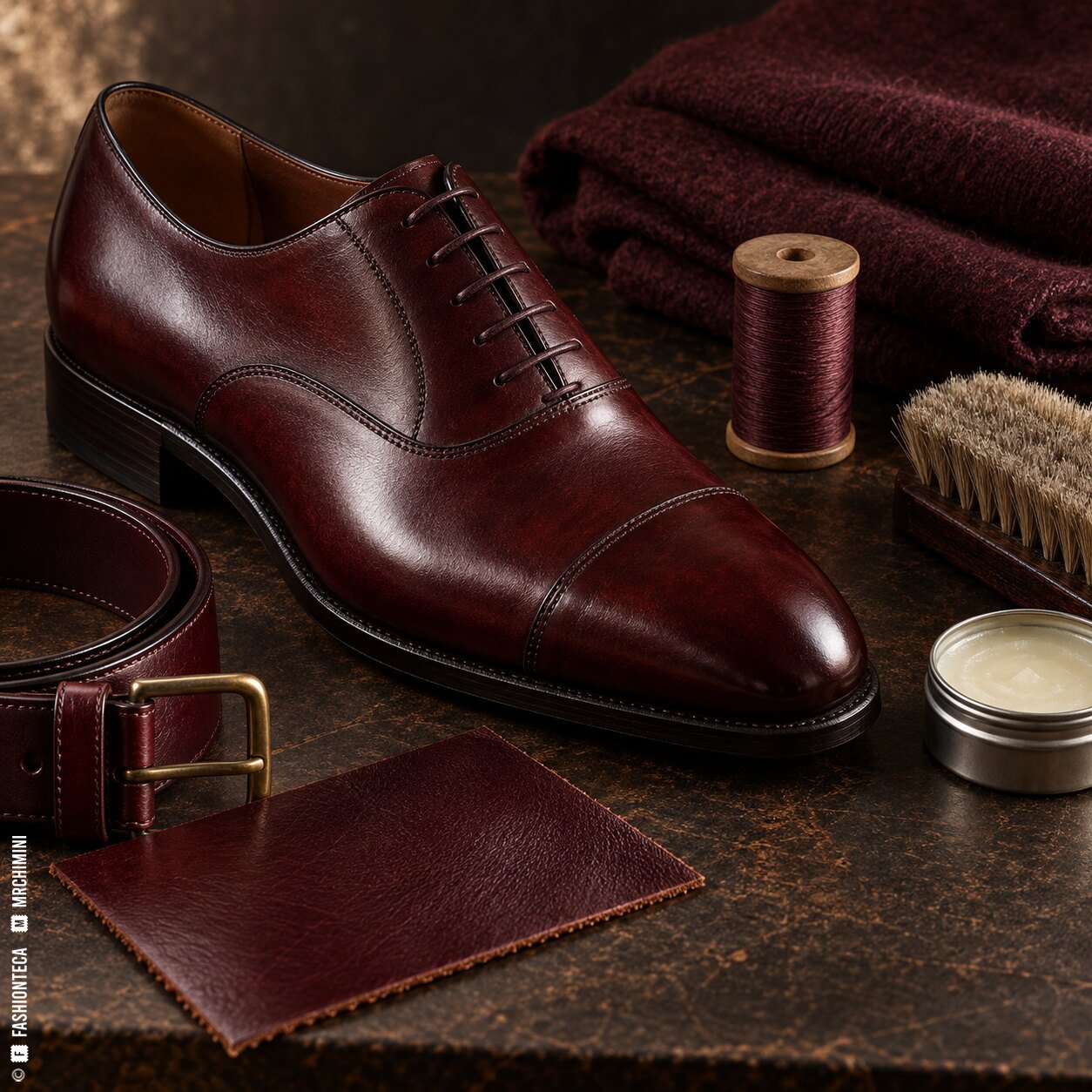 Bodegón oxblood con cuero pulido, zapato, cinturón, lana, cepillo, cera e hilo rojo pardo