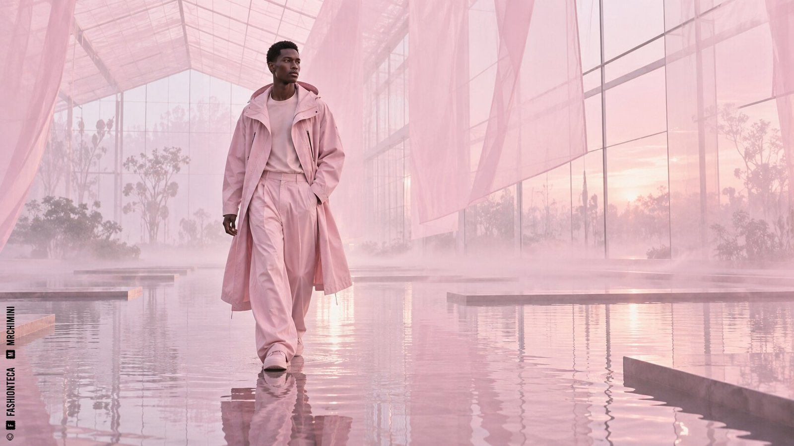 Editorial de Moda rosa pastel en una arquitectura blanca y rosada bañada por luz difusa