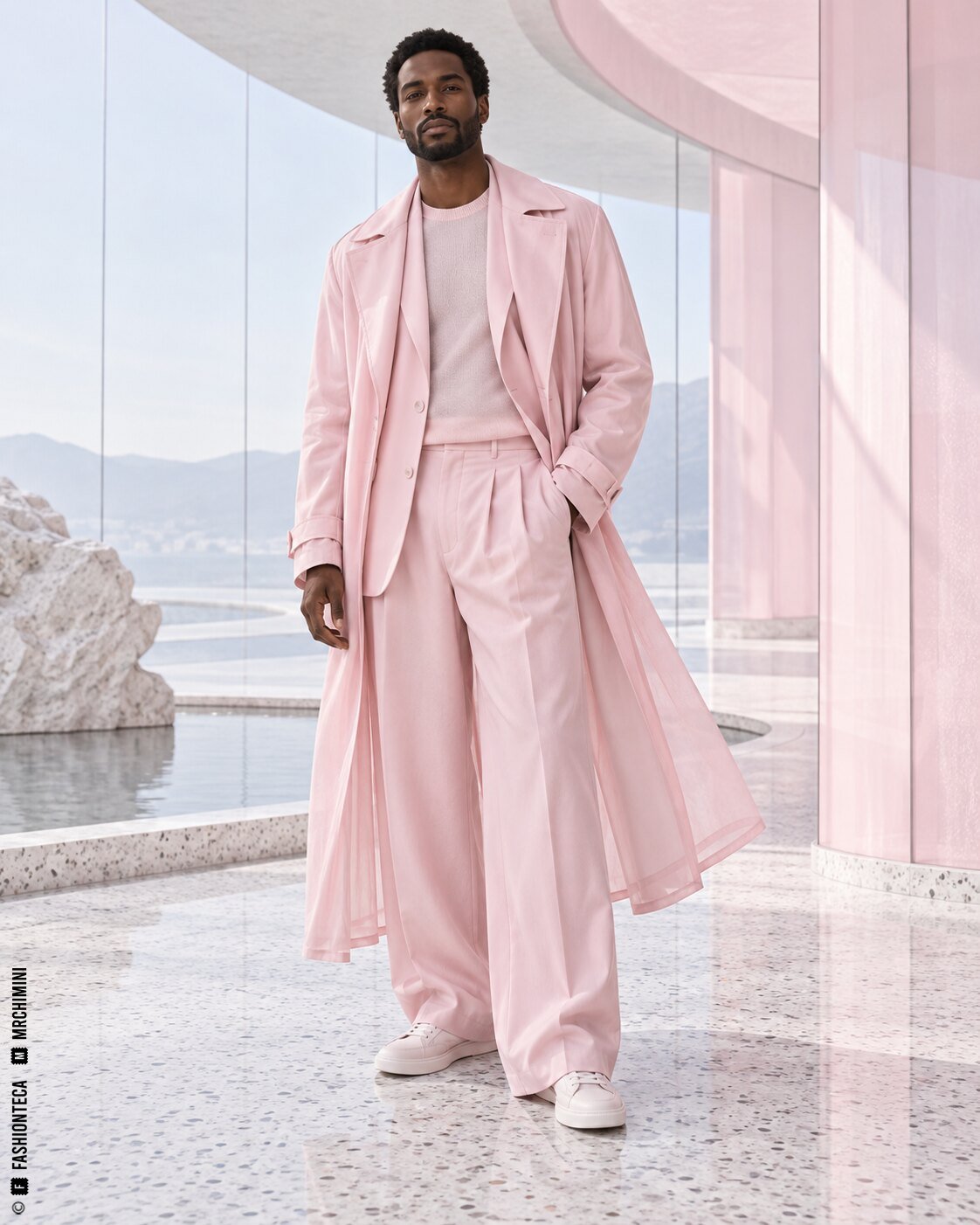 Modelo de cuerpo entero con capas de sastrería y tejidos translúcidos rosa pastel en un espacio luminoso