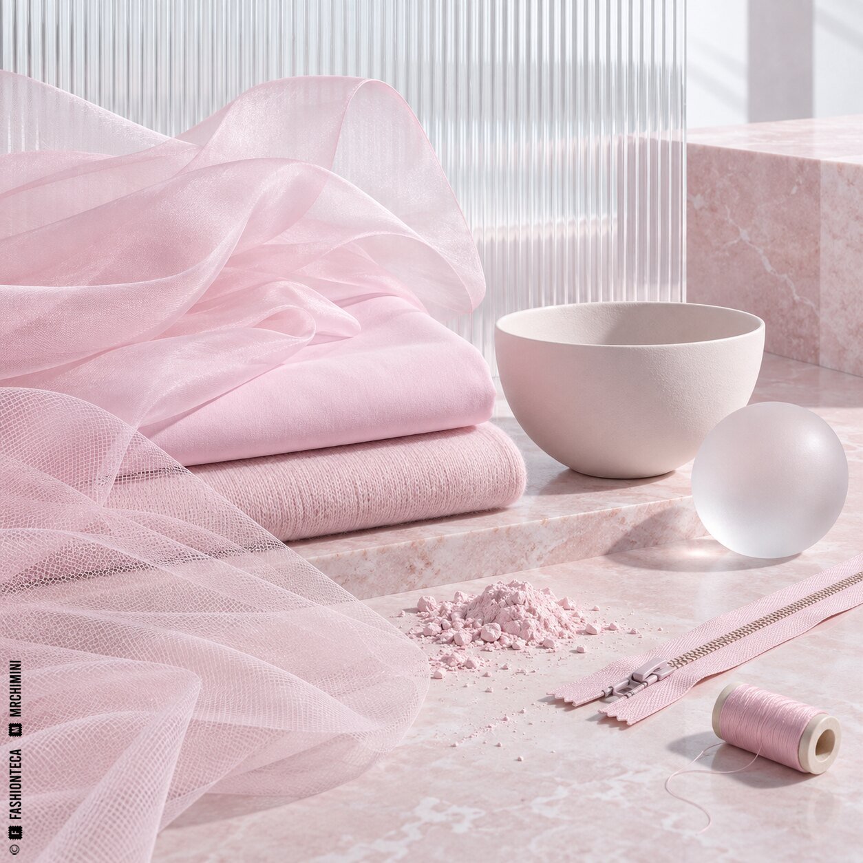 Bodegón rosa pastel con algodón, tul, organza, encaje, porcelana, vidrio, pigmento e hilo