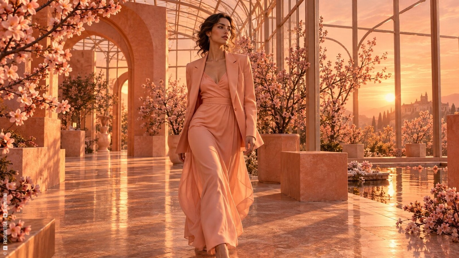 Editorial de Moda melocotón en un invernadero al amanecer con flores y arquitectura tonal