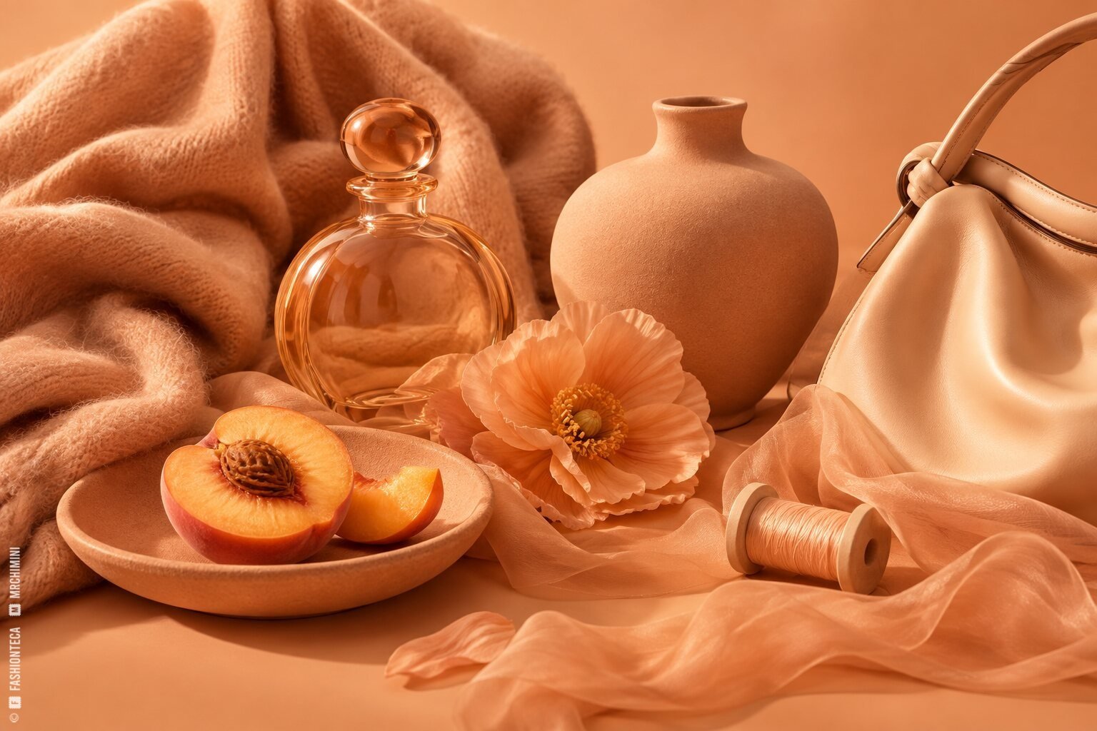 Bodegón melocotón con cachemira, satén, organza, cuero, vidrio, cerámica, hilo, flor y fruta