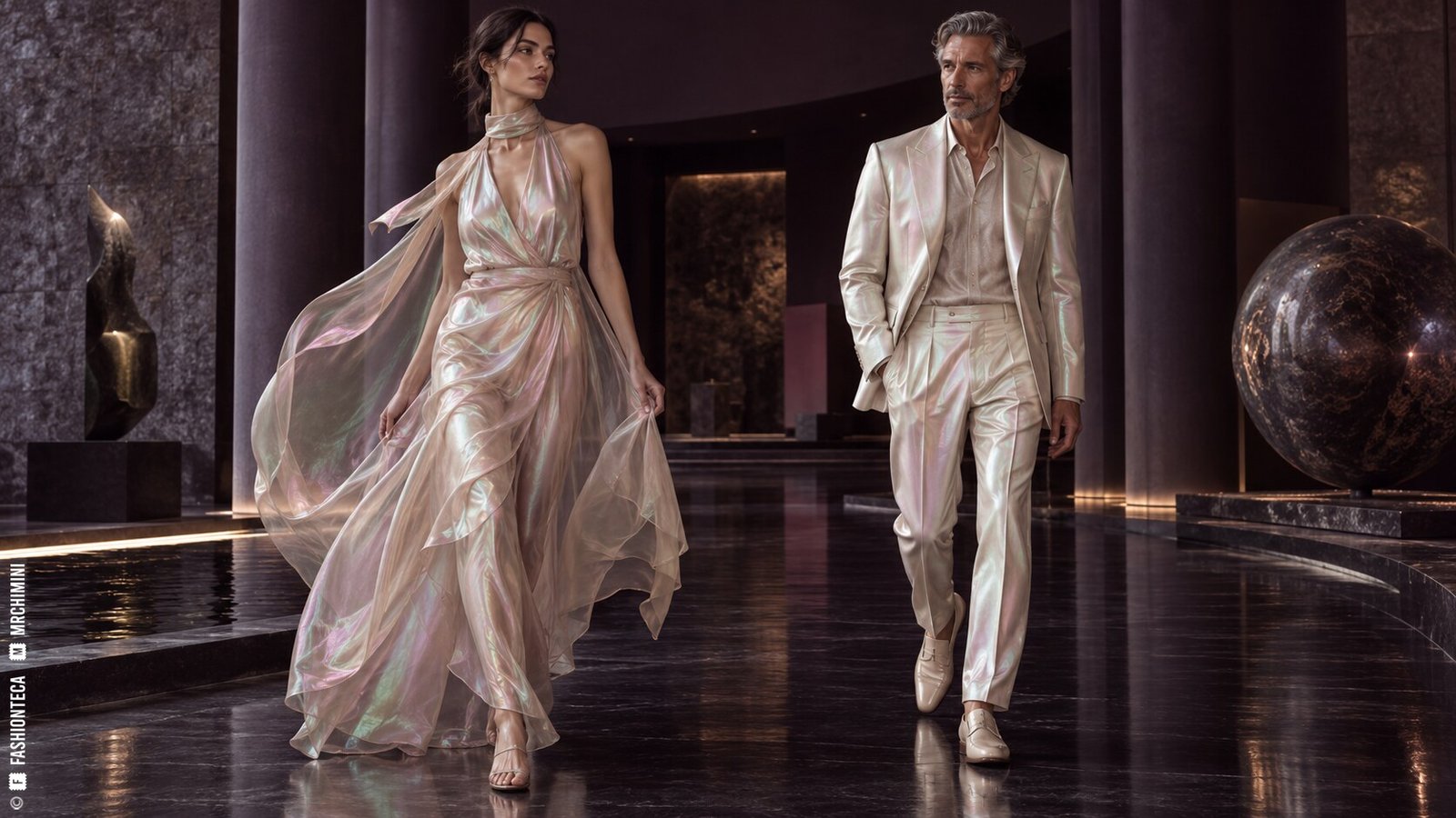 Editorial de Moda nacarada con dos modelos de cuerpo entero en una arquitectura ciruela oscura