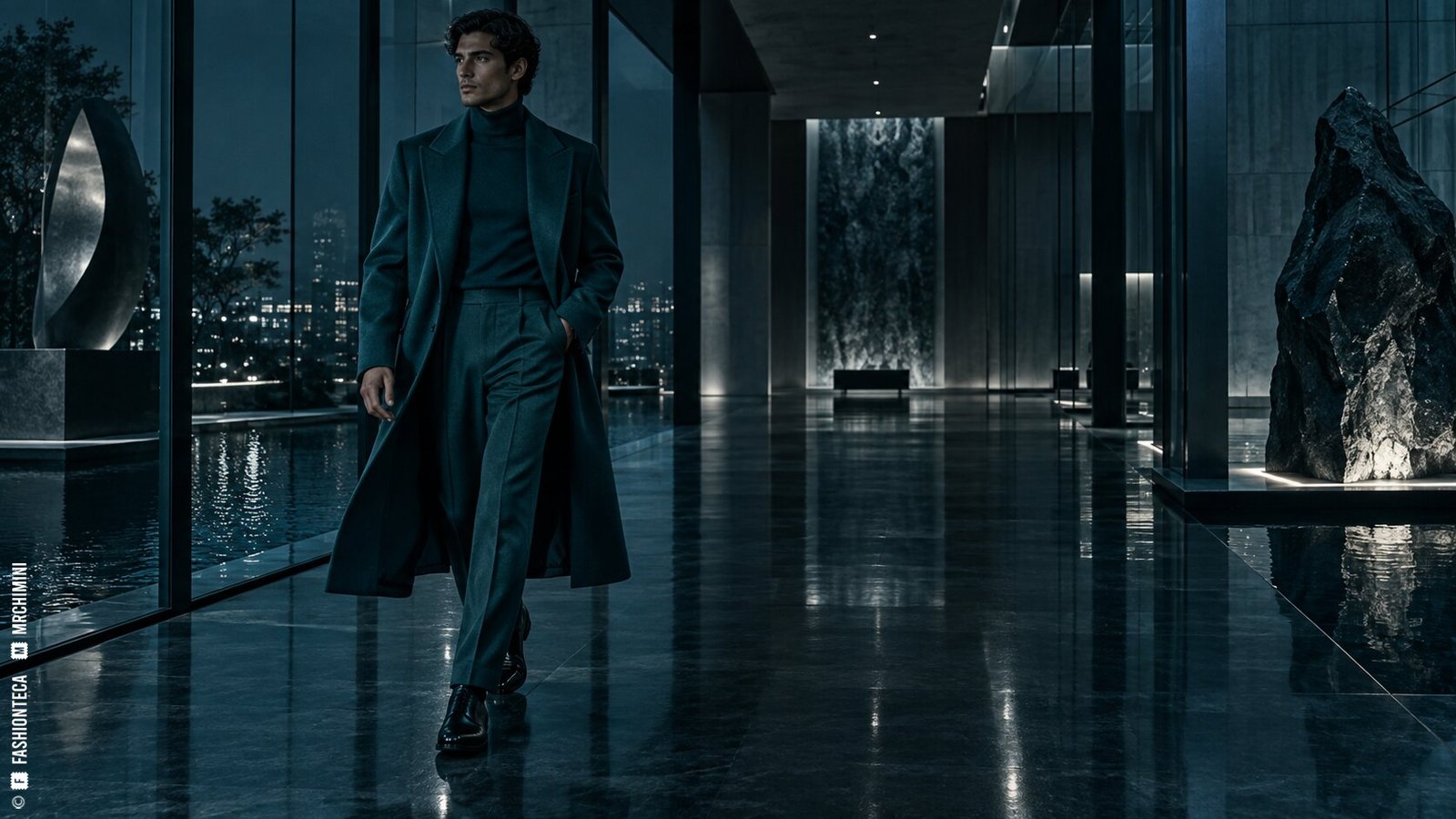 Editorial de Moda azul petróleo en una galería nocturna de vidrio, acero, piedra y reflejos oscuros