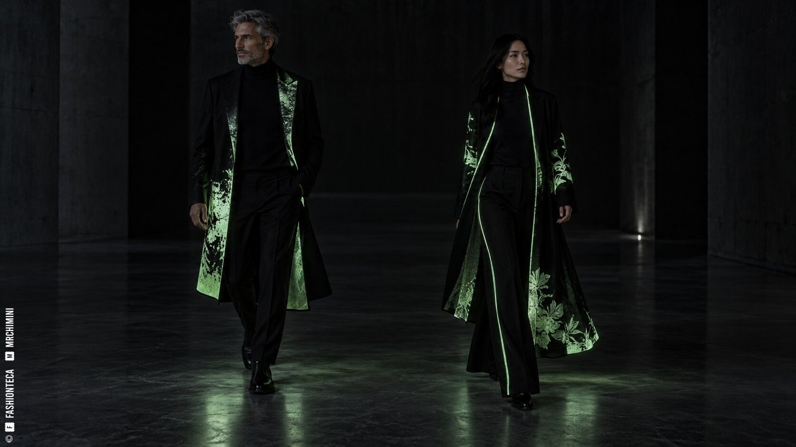 Editorial de Moda fosforescente con dos modelos de cuerpo entero y estampados verde pálido en una galería oscura