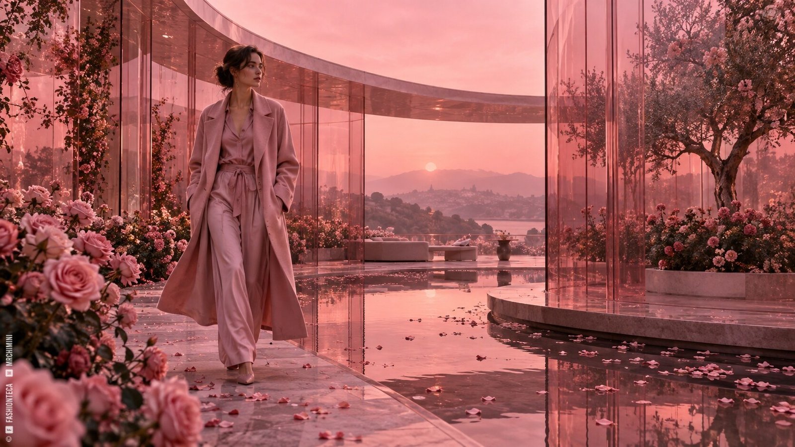 Editorial de Moda rosa al amanecer en un pabellón de vidrio y jardín de rosas