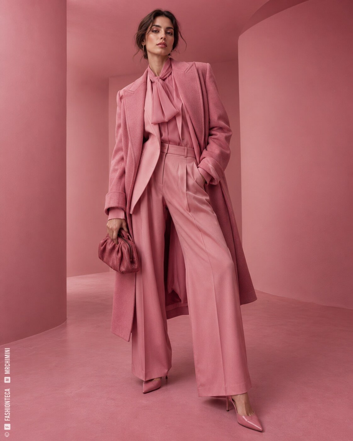 Modelo de cuerpo entero con sastrería rosa tonal sobre una escenografía arquitectónica completamente rosa