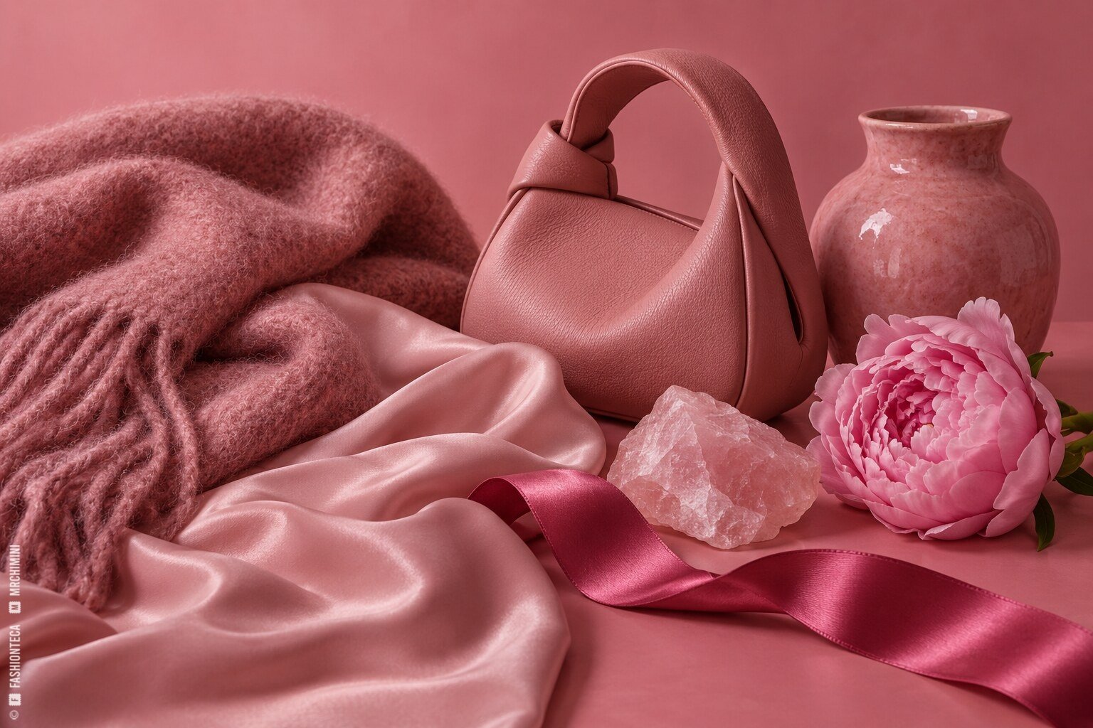 Bodegón rosa con lana, satén, cuero, cerámica, cuarzo y una peonía sobre fondo rosa