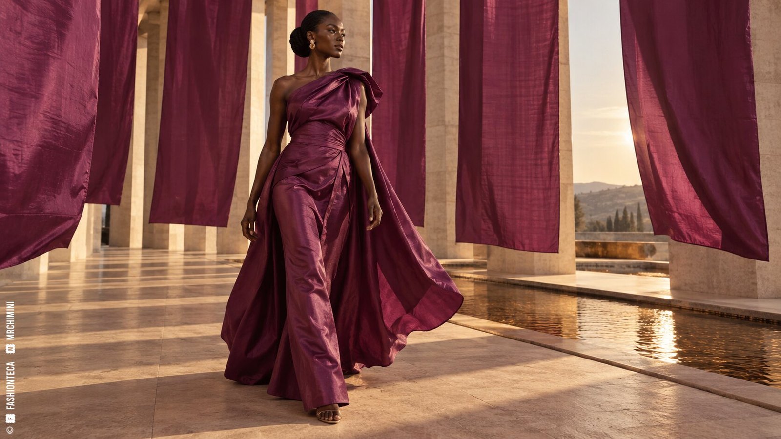 Editorial de Moda púrpura entre grandes paños de seda rojiza, piedra clara y agua al atardecer