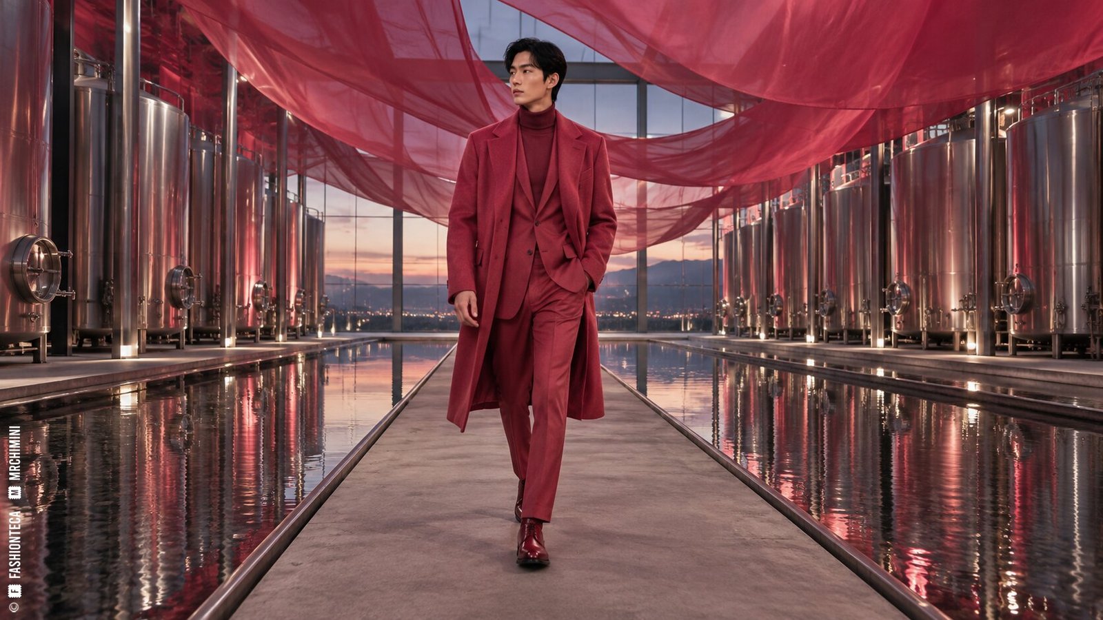Editorial de Moda frambuesa en un taller de color con cubetas, textiles suspendidos y arquitectura industrial
