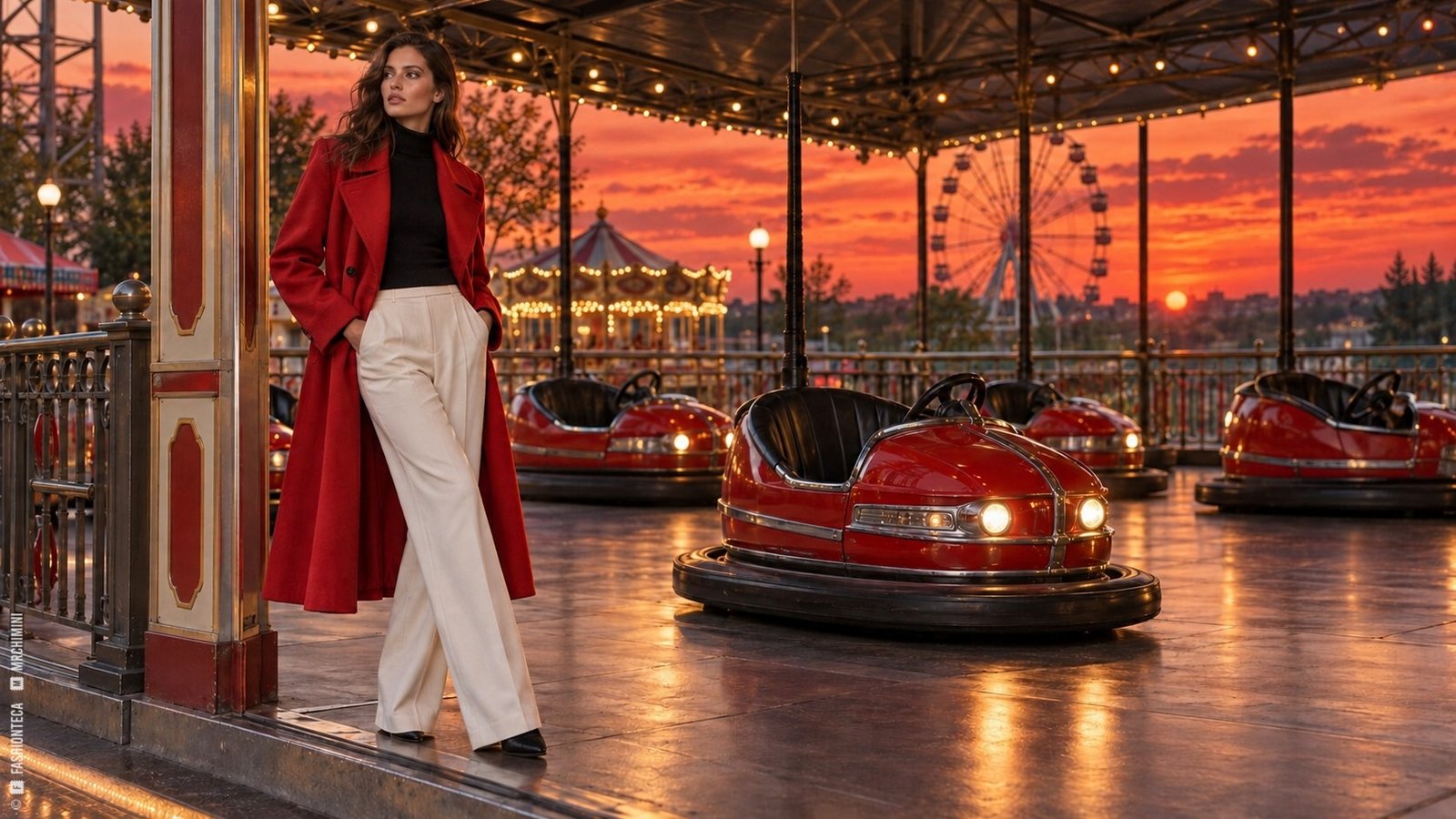 Editorial de Moda al atardecer con una modelo de abrigo rojo y coches de choque rojos