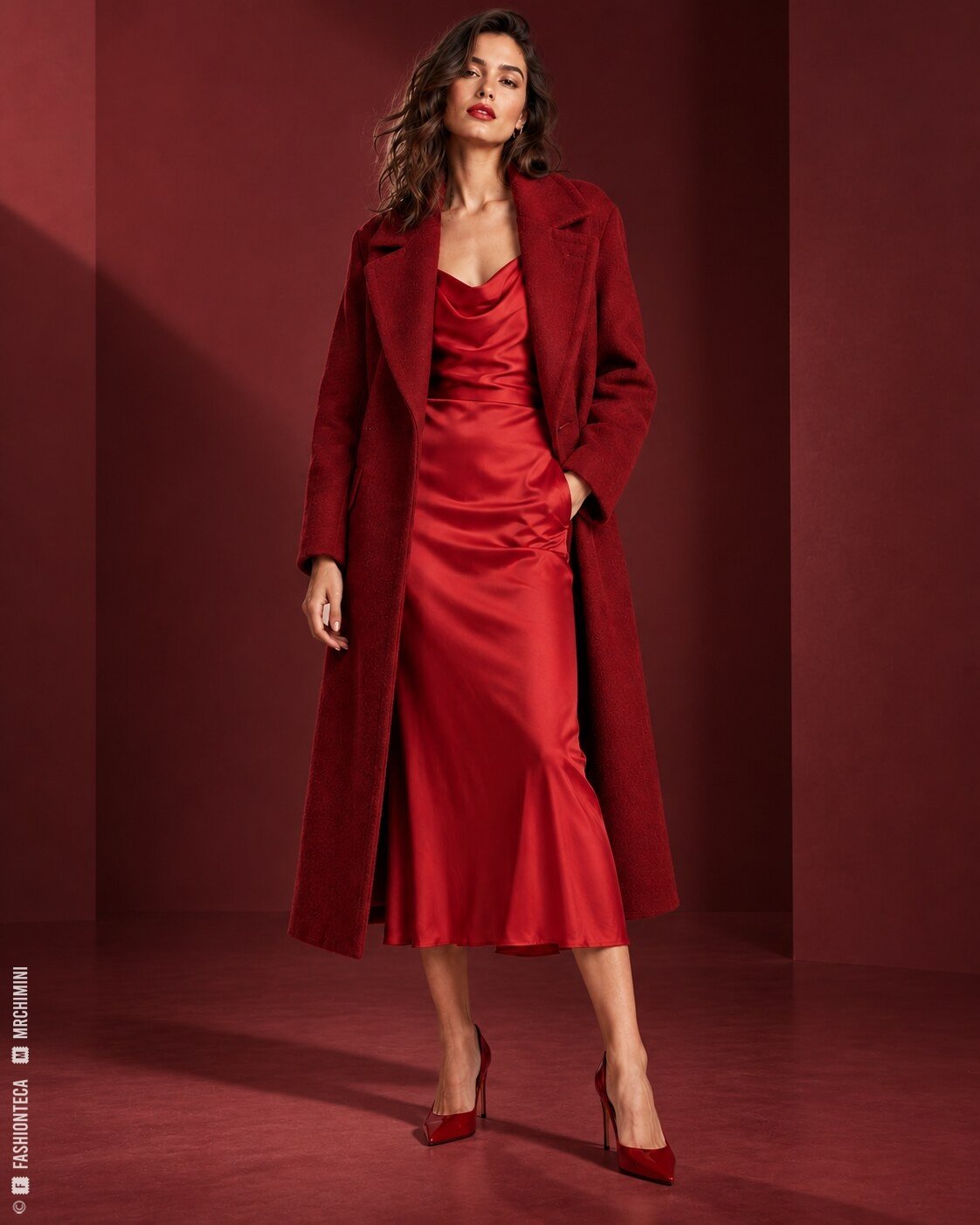 Modelo de cuerpo entero con estilismo monocromático de abrigo de lana, vestido satinado y zapatos rojos sobre un estudio burdeos