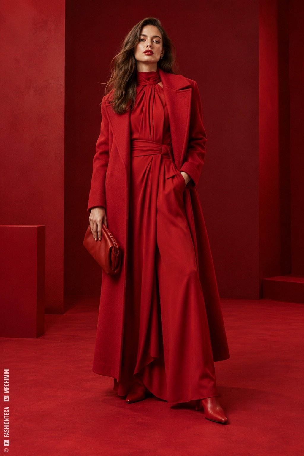 Modelo de cuerpo entero con un estilismo completamente rojo sobre una escenografía roja y burdeos