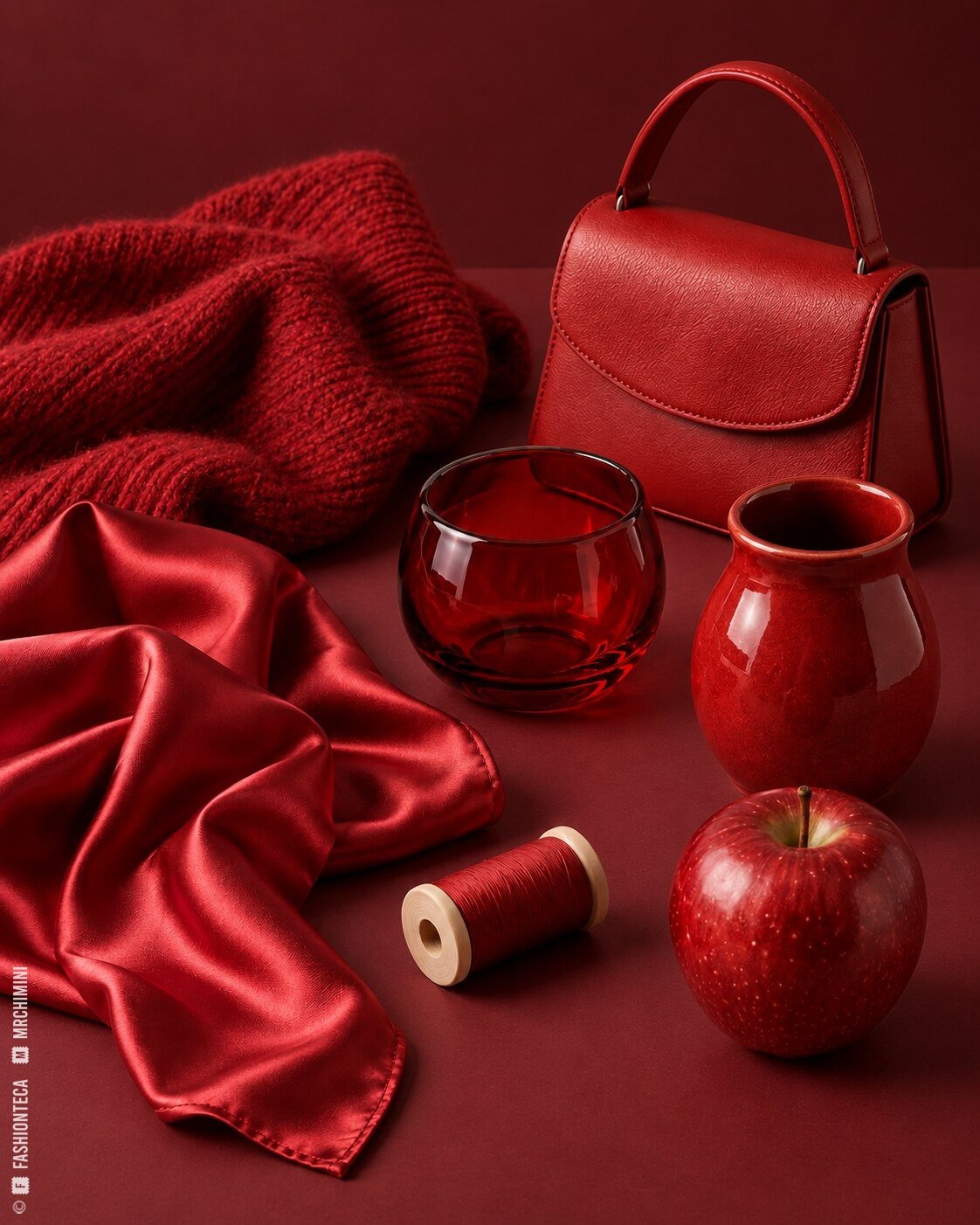 Bodegón tonal rojo de lana, seda, cuero, vidrio, cerámica, hilo y fruta sobre fondo burdeos