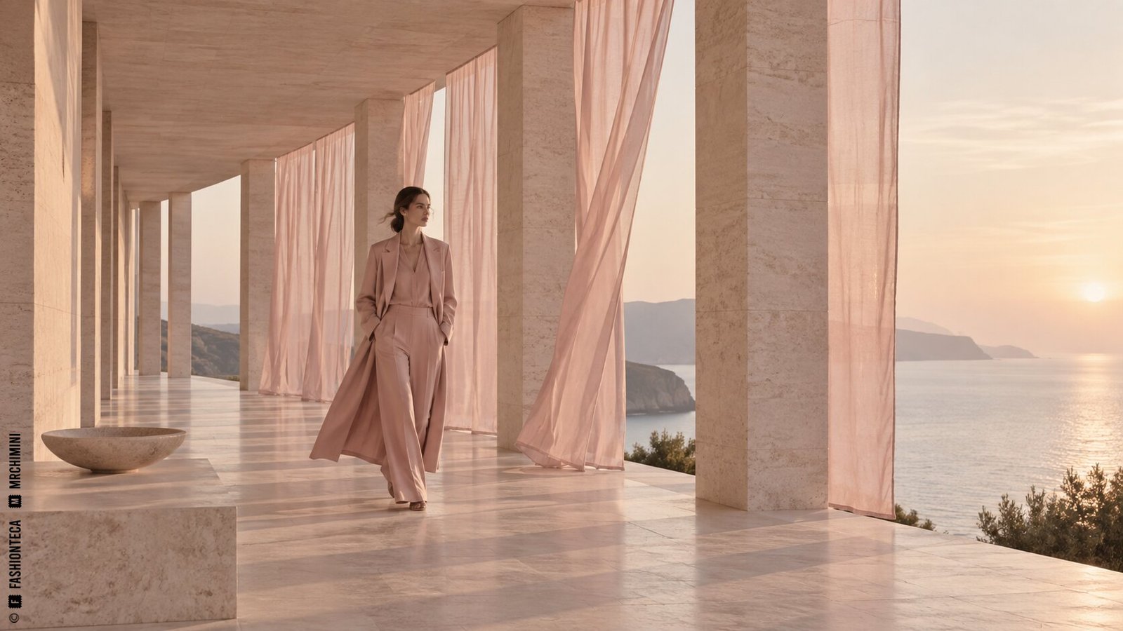 Editorial de Moda rosa palo en un pabellón costero de piedra rosada, hormigón claro y luz suave