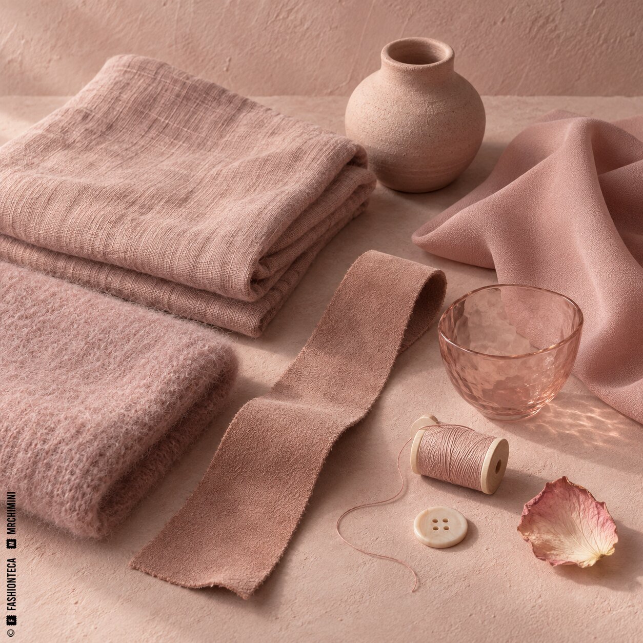 Bodegón rosa palo con lana, tejido de pelo, seda mate, cerámica, vidrio, hilo, botón y pétalo