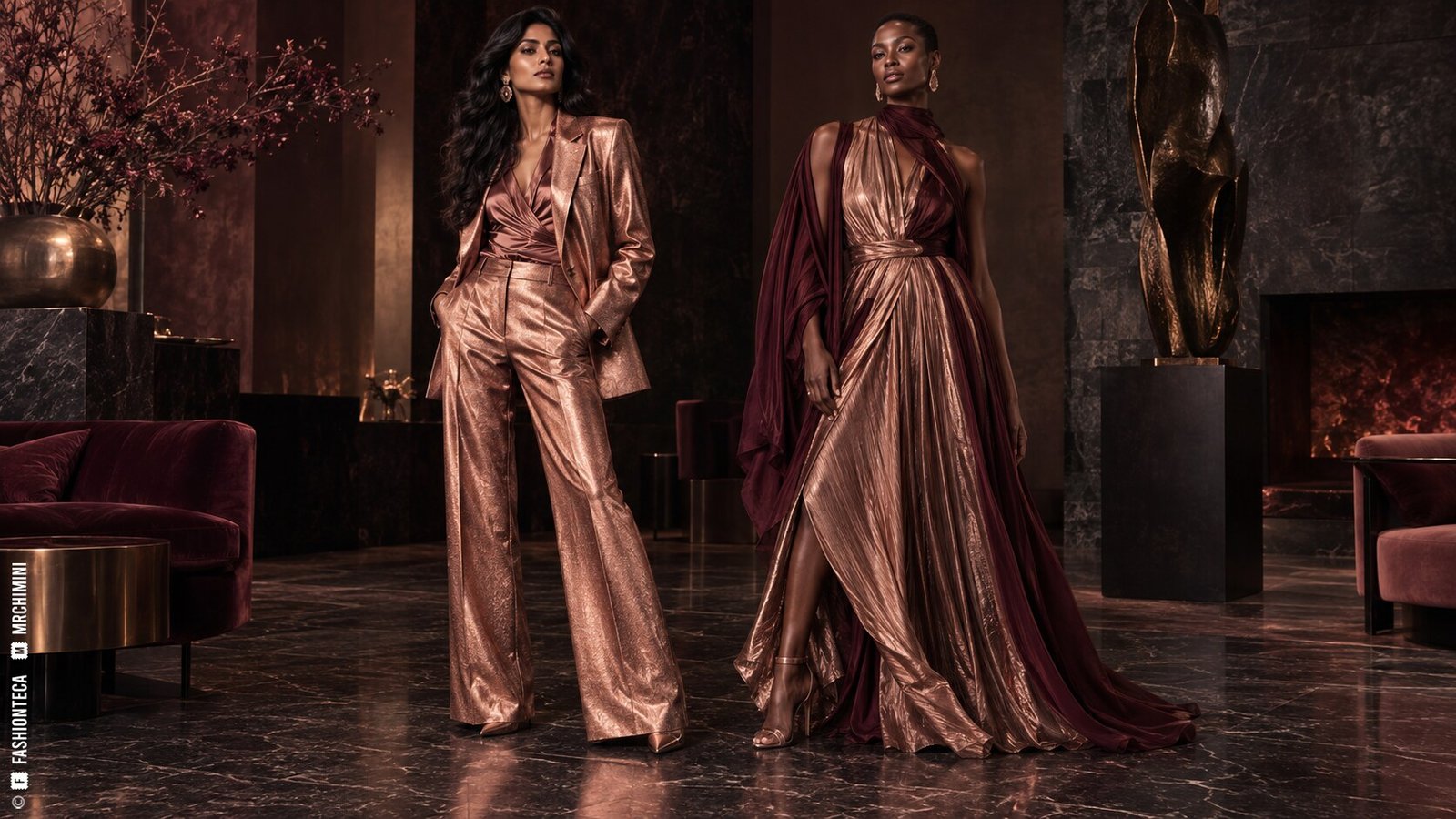 Editorial de Moda oro rosa con dos modelos de cuerpo entero en una arquitectura burdeos y carbón