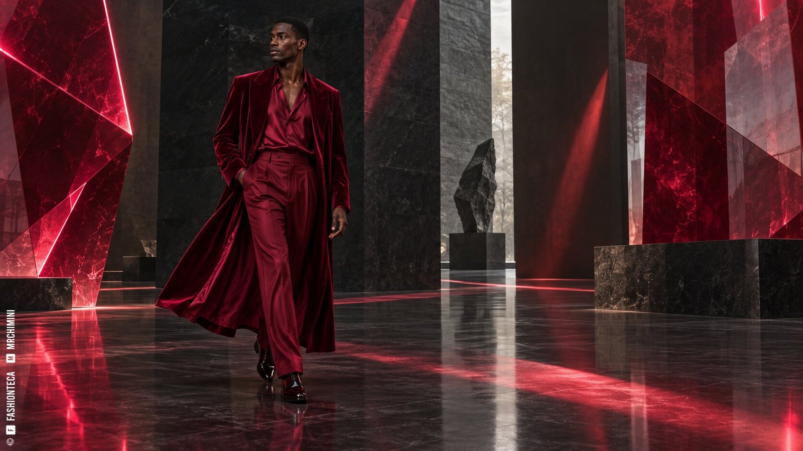 Editorial de Moda rubí en una arquitectura oscura atravesada por reflejos rojos de aspecto mineral