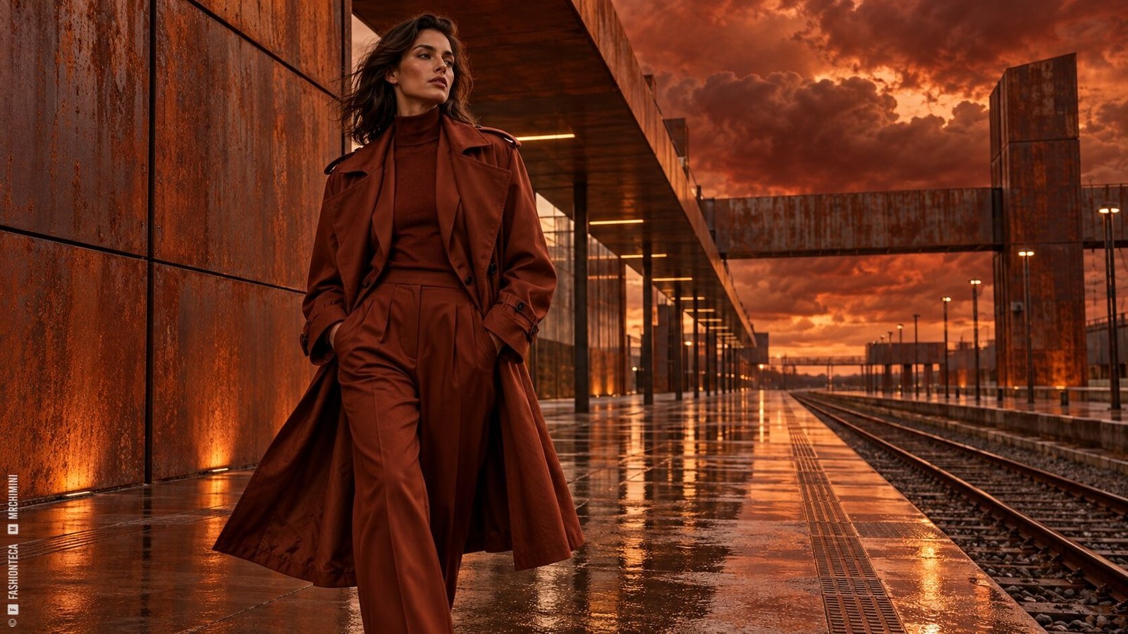 Editorial de Moda óxido en una estación de acero patinado después de la lluvia bajo un cielo cobrizo