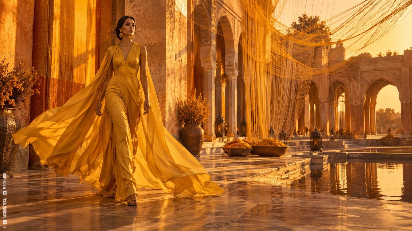 Editorial de Moda azafrán en un patio monumental con una instalación de hebras textiles al atardecer
