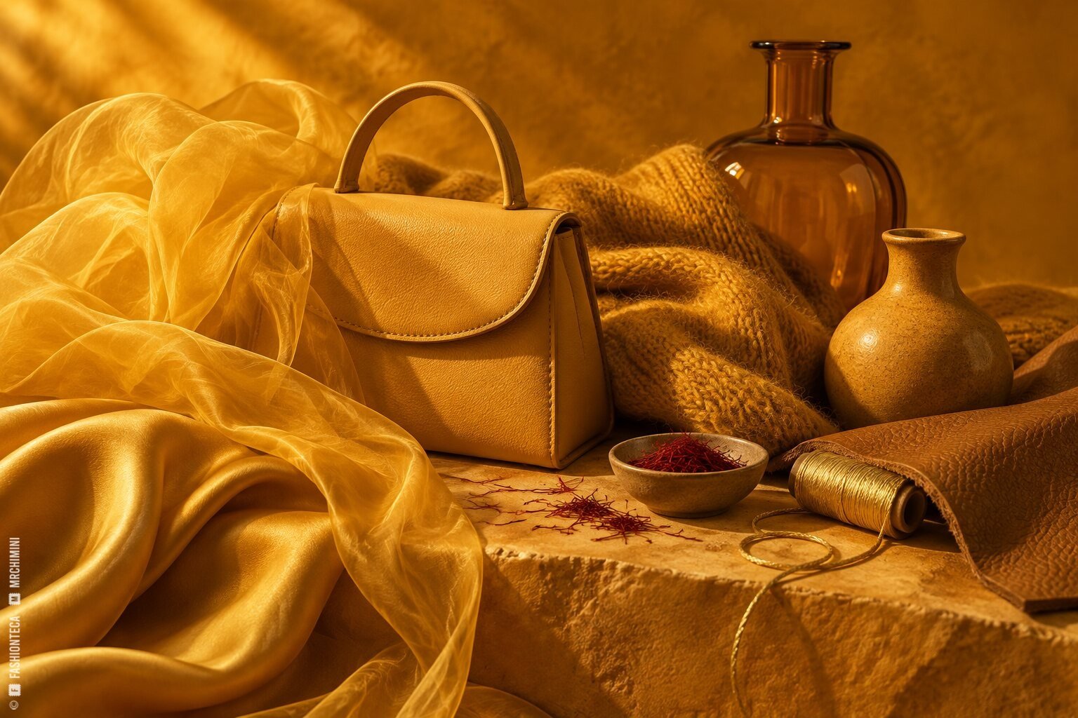 Bodegón azafrán con seda, organza, lana, cuero, bolso, vidrio, cerámica, hilo y hebras de azafrán