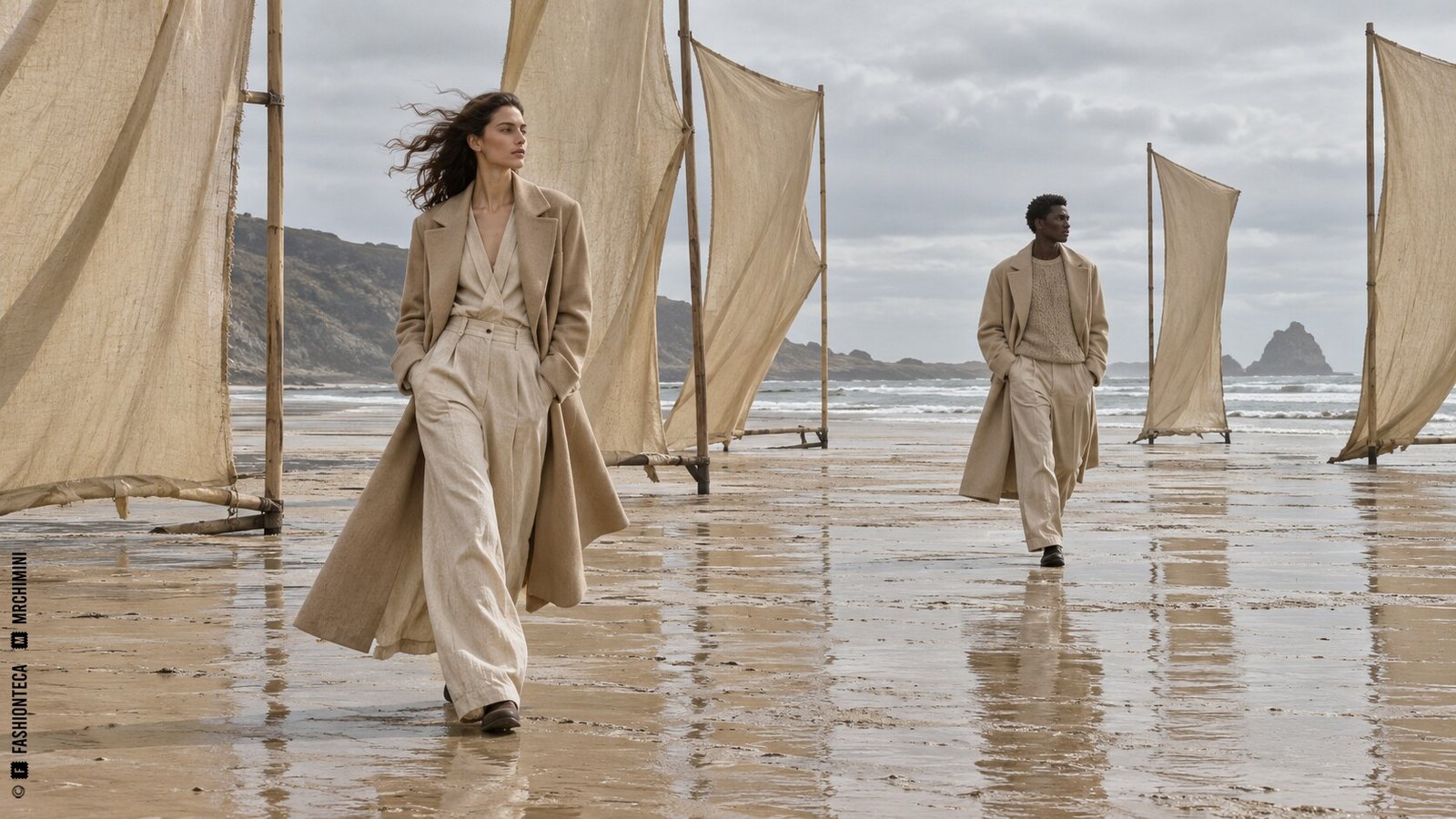 Editorial de Moda arena en una playa atlántica con velas textiles y reflejos húmedos