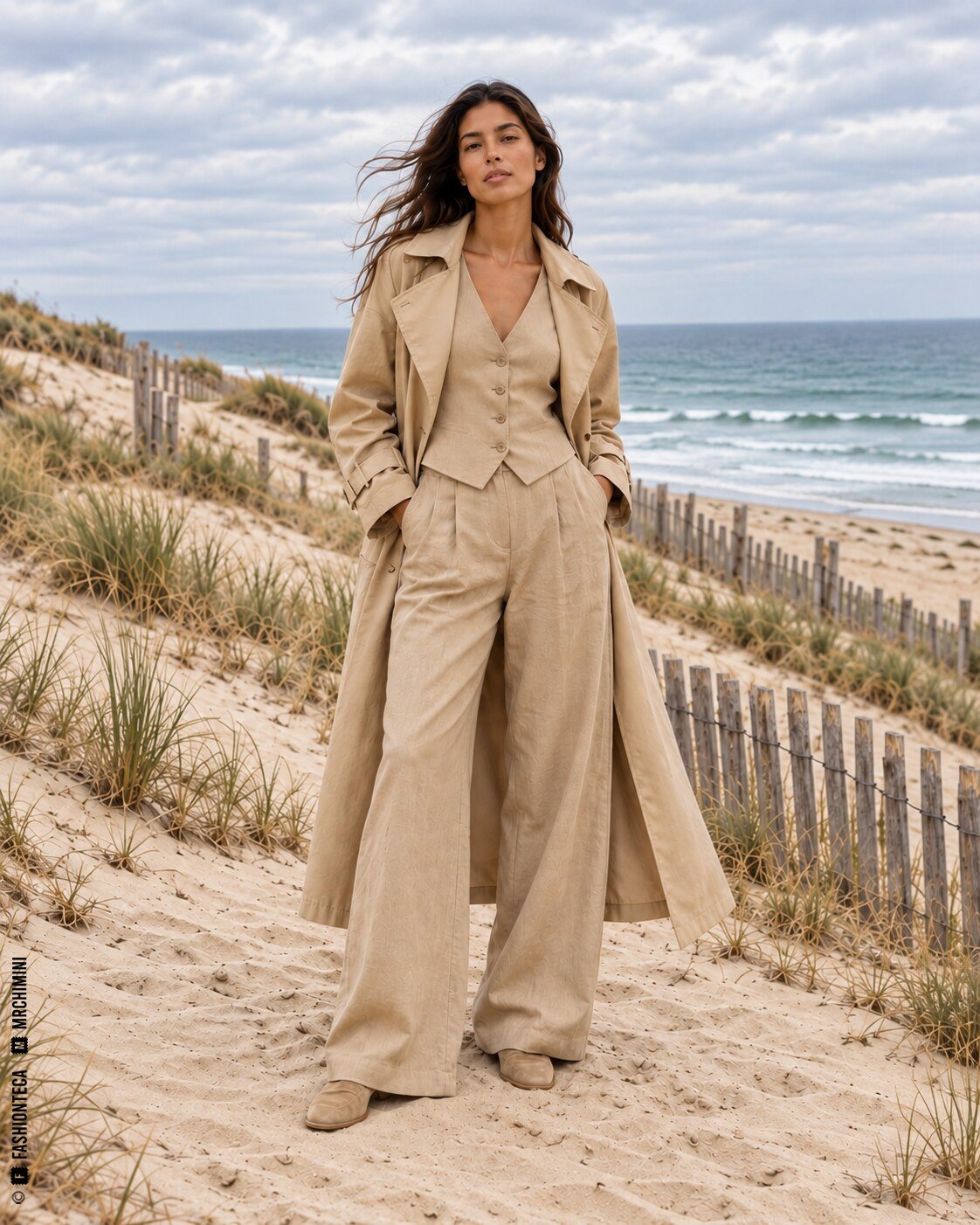 Modelo de cuerpo entero con sastrería color arena entre dunas y vegetación costera