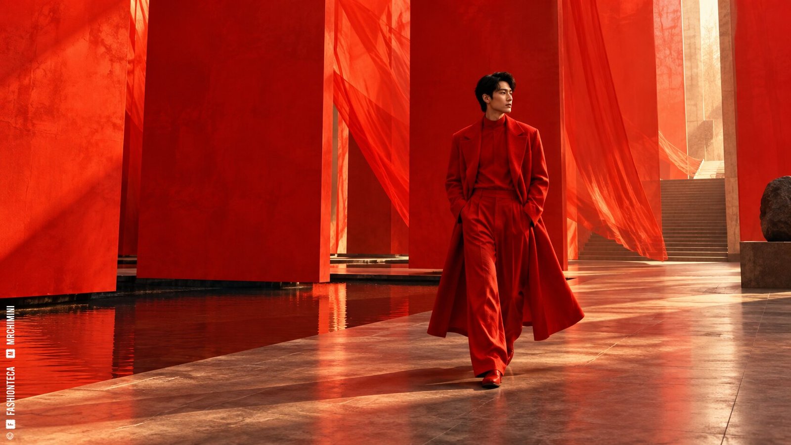 Editorial de Moda escarlata en una arquitectura teatral de paneles rojos y luz cálida