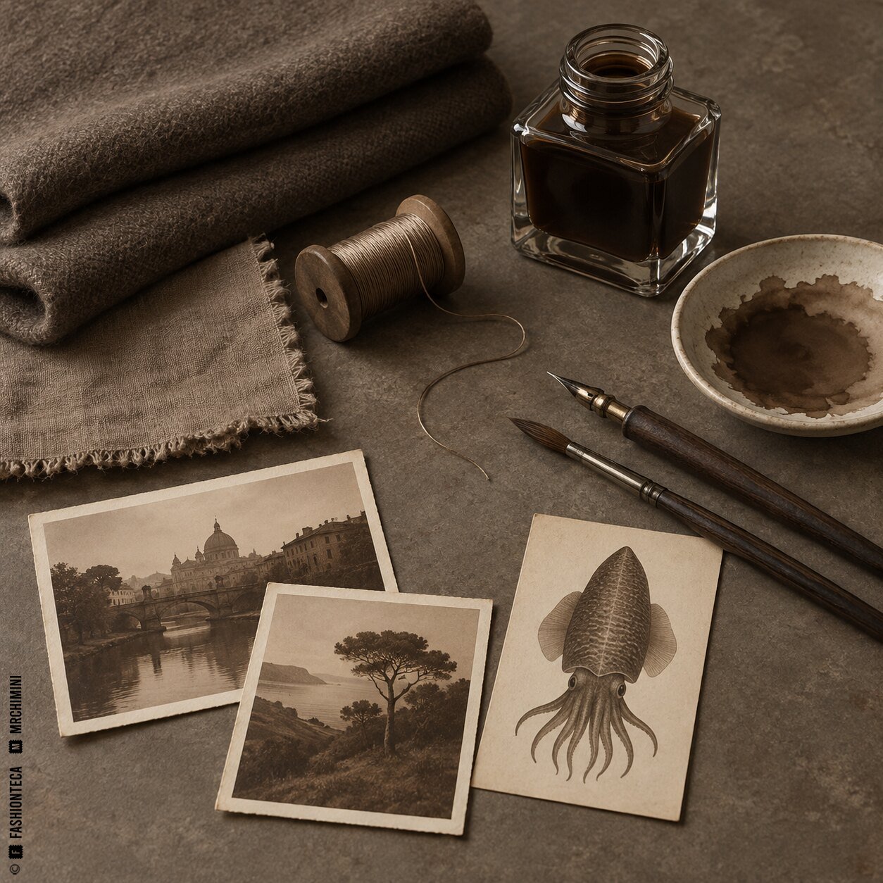 Bodegón sepia con tejidos mates, fotografías antiguas, frasco de tinta, papel y pigmento marrón grisáceo