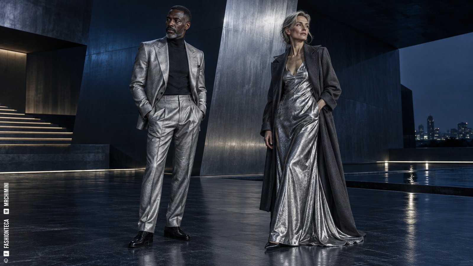 Editorial de Moda plata con dos modelos de cuerpo entero en una arquitectura nocturna azul y acero