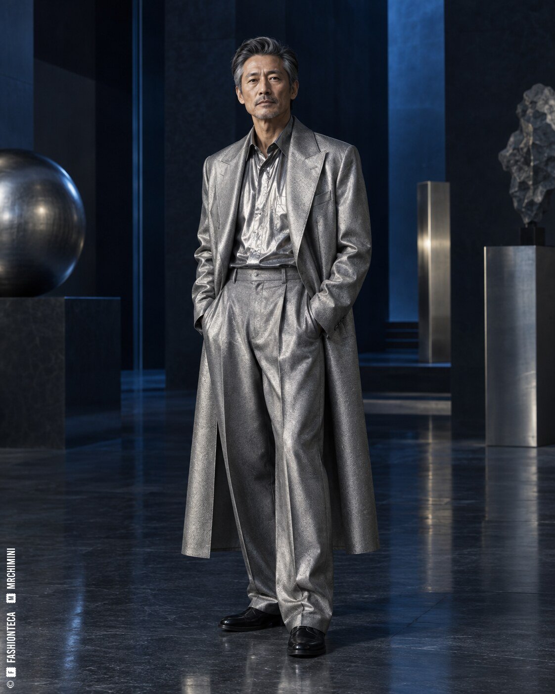 Modelo maduro de cuerpo entero con sastrería plata flexible en una arquitectura azul noche y grafito