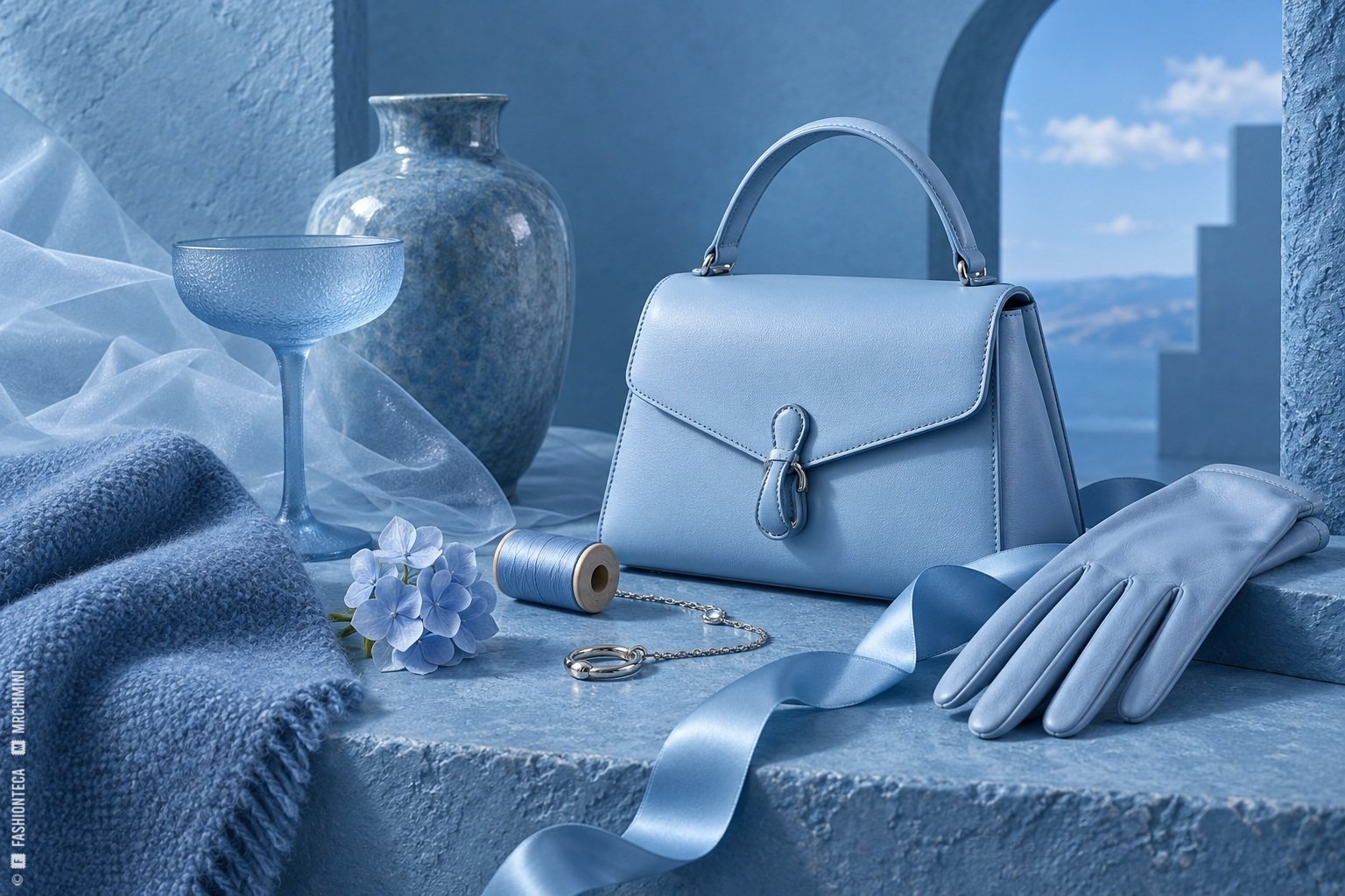 Bodegón azul celeste con lana, organza, cuero, vidrio, cerámica, hilo y objetos translúcidos