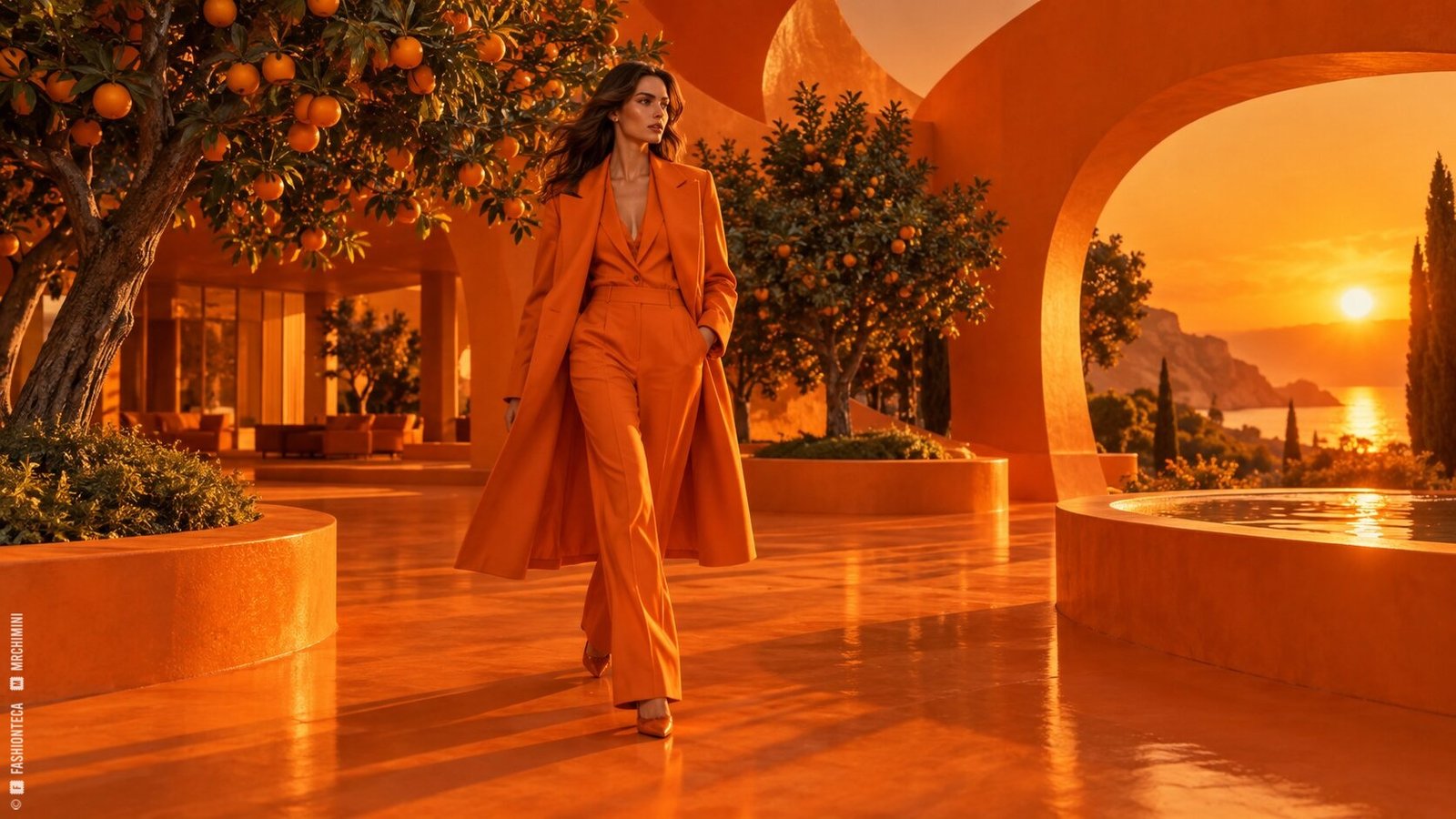 Editorial de Moda mandarina entre arquitectura curva y árboles cítricos al atardecer