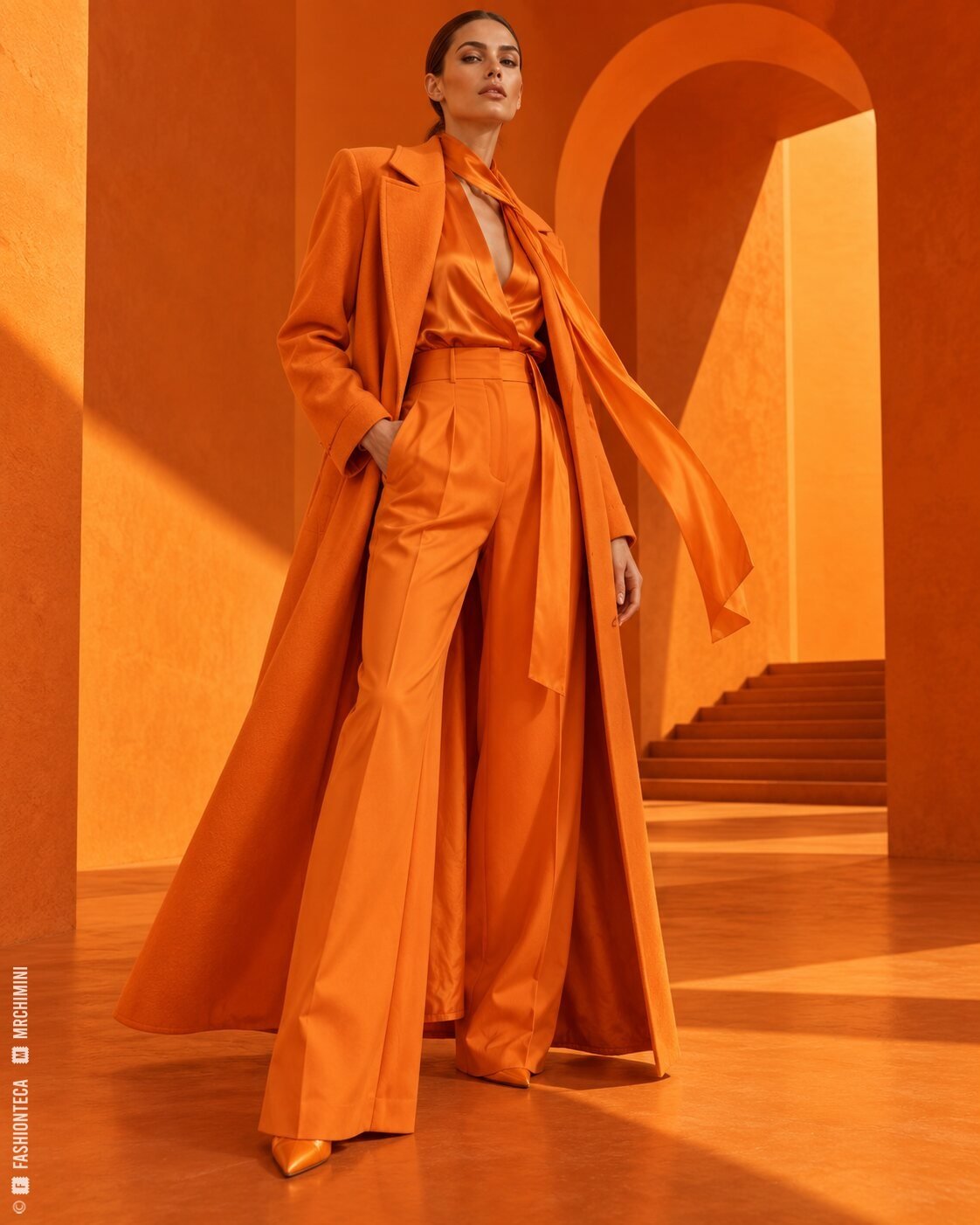 Modelo de cuerpo entero con sastrería mandarina sobre una escenografía arquitectónica completamente naranja