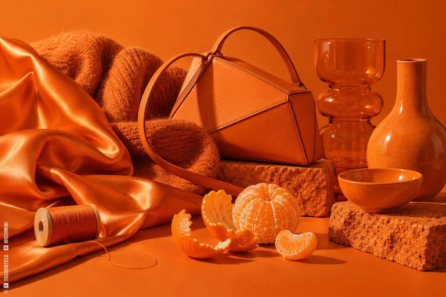 Bodegón mandarina con seda, punto, cuero, vidrio, cerámica, hilo y cítricos sobre fondo naranja