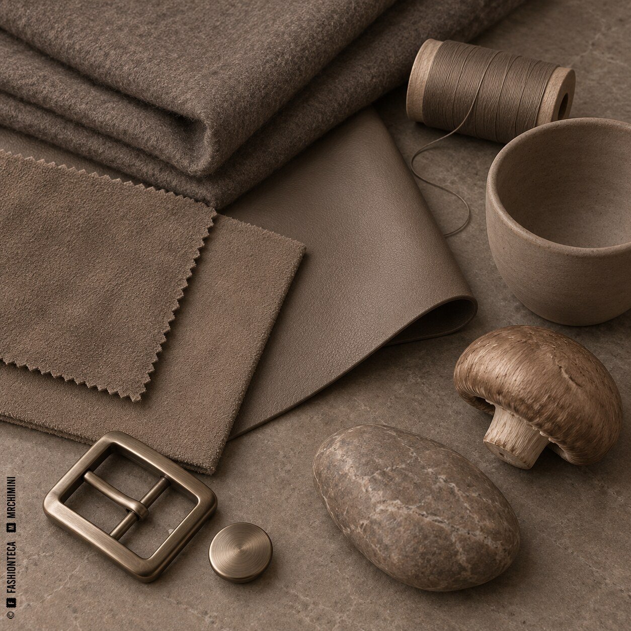 Bodegón taupe con franela, ante, nubuck, cuero mate, hilo, cerámica, metal, piedra y una seta