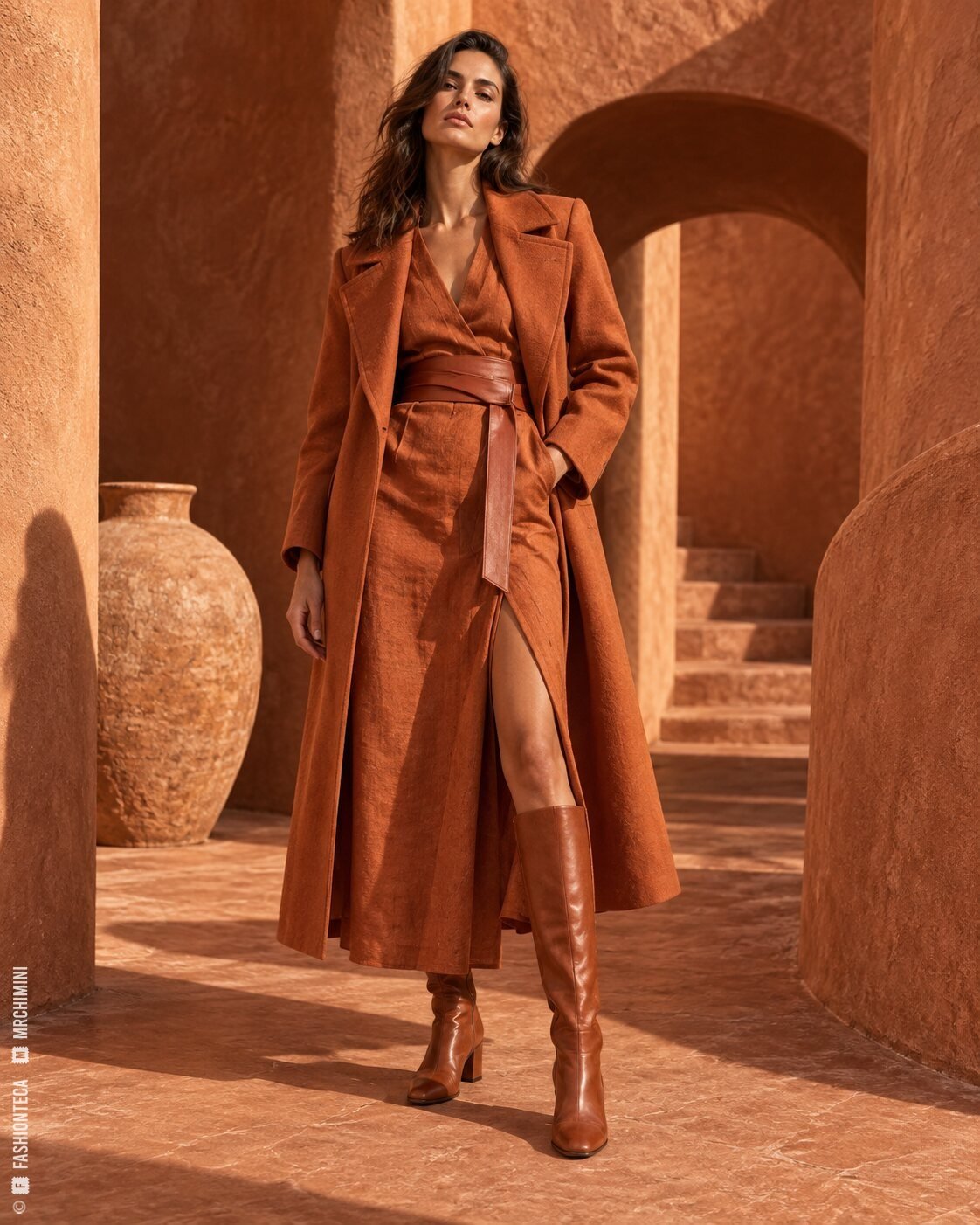 Modelo de cuerpo entero con abrigo, vestido y botas terracota en una escenografía de arcilla cocida