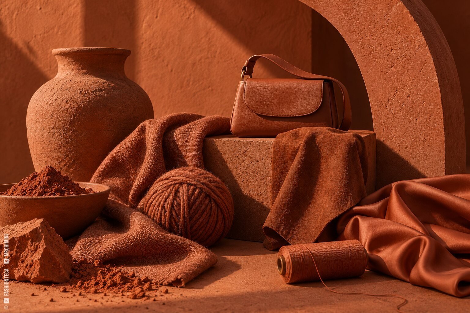 Bodegón terracota con lino, lana, ante, cuero, satén, hilo, pigmento y cerámica de tierra cocida