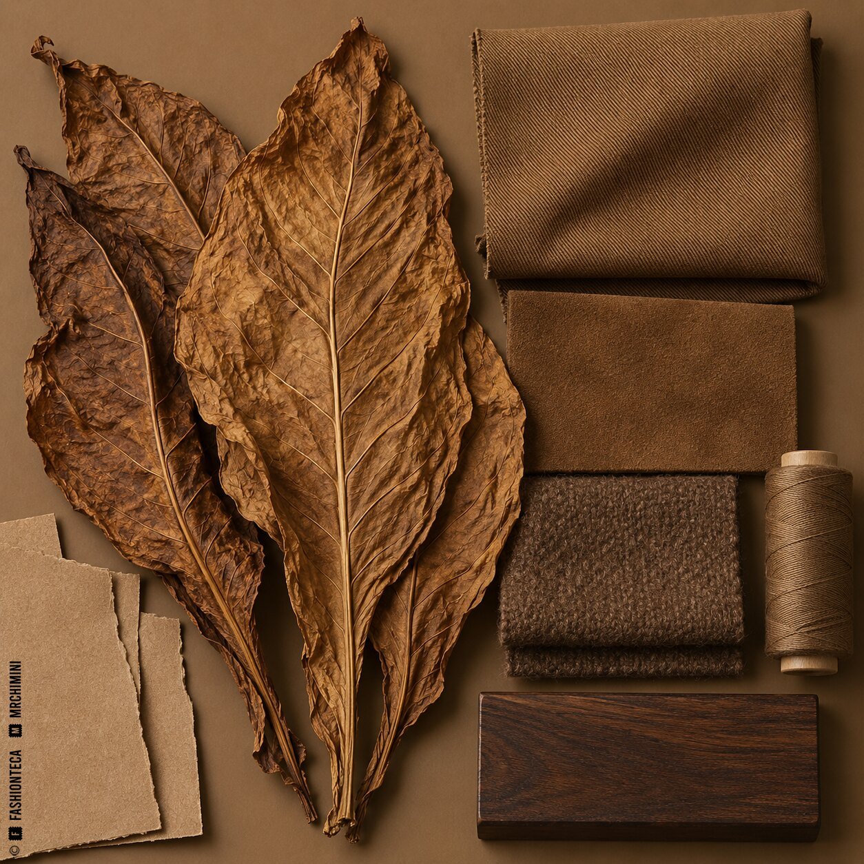 Bodegón tabaco con gabardina, ante, lana, hojas de tabaco curadas, hilo y madera