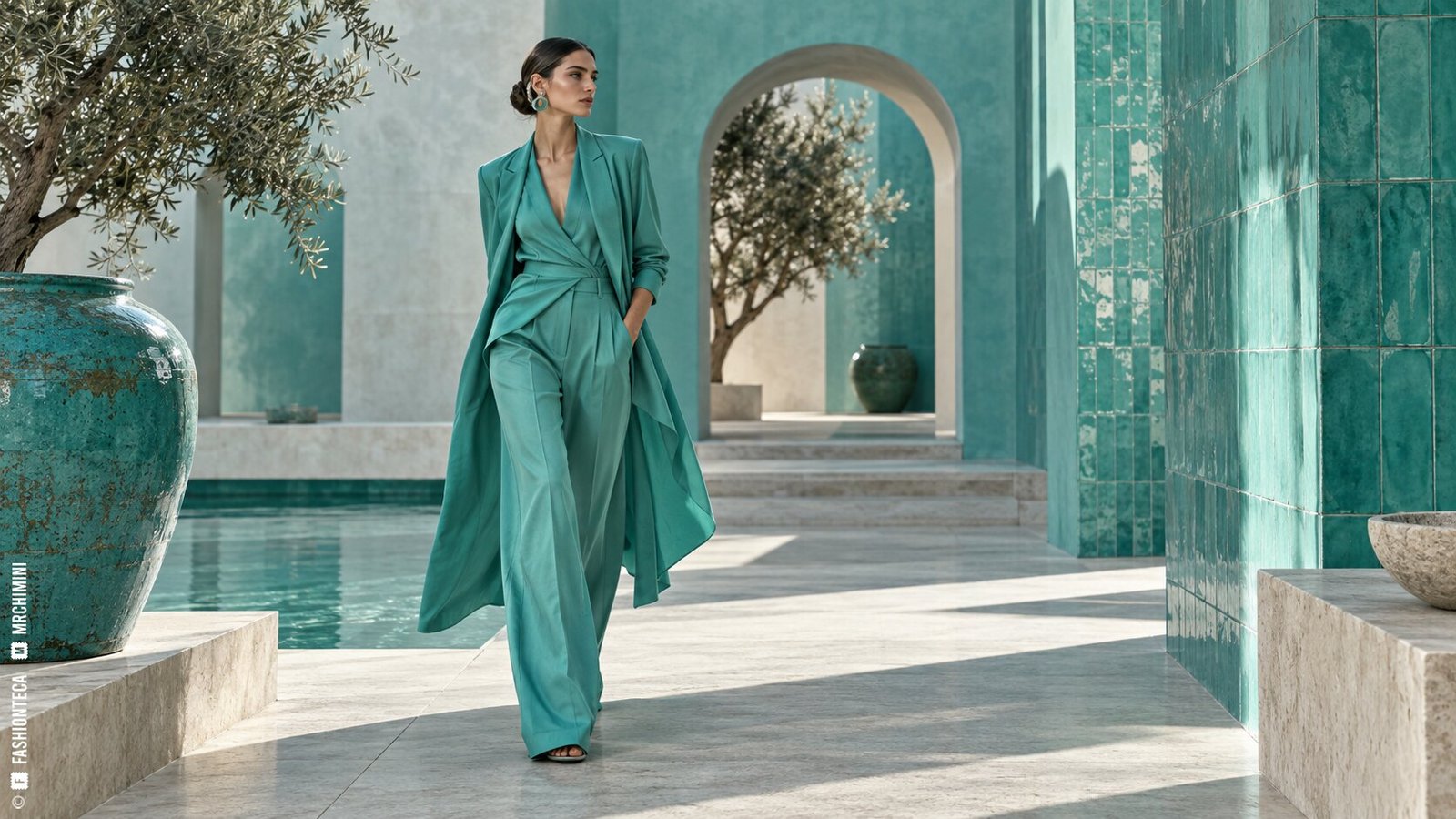 Editorial de Moda turquesa en un patio contemporáneo de azulejos vidriados y piedra clara