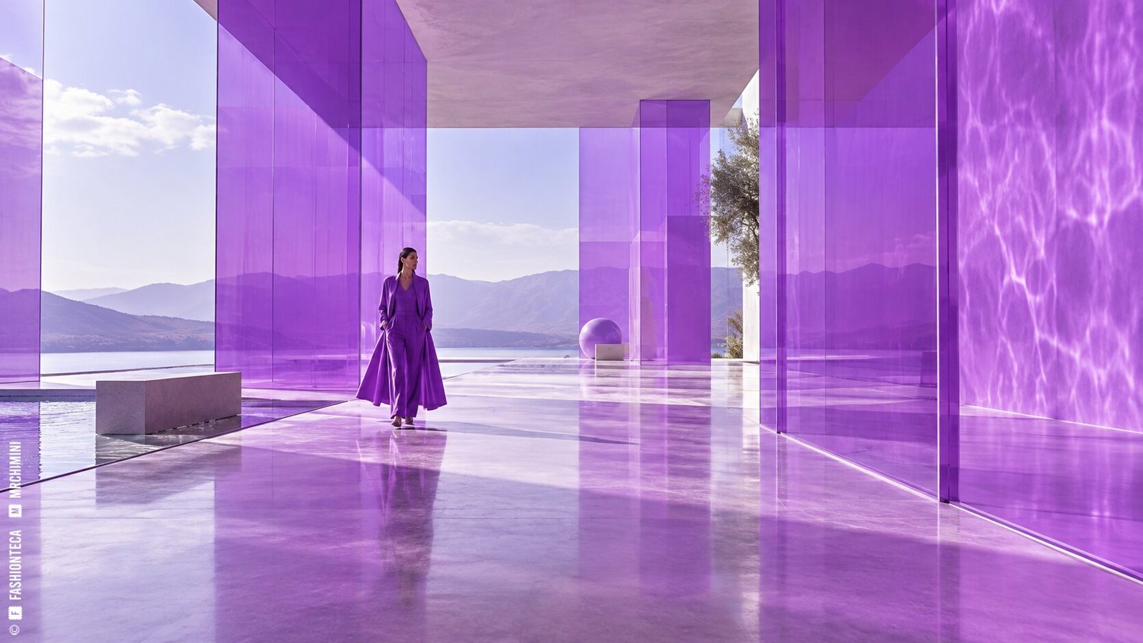 Editorial de Moda violeta en un pabellón contemporáneo de paneles translúcidos y reflejos luminosos