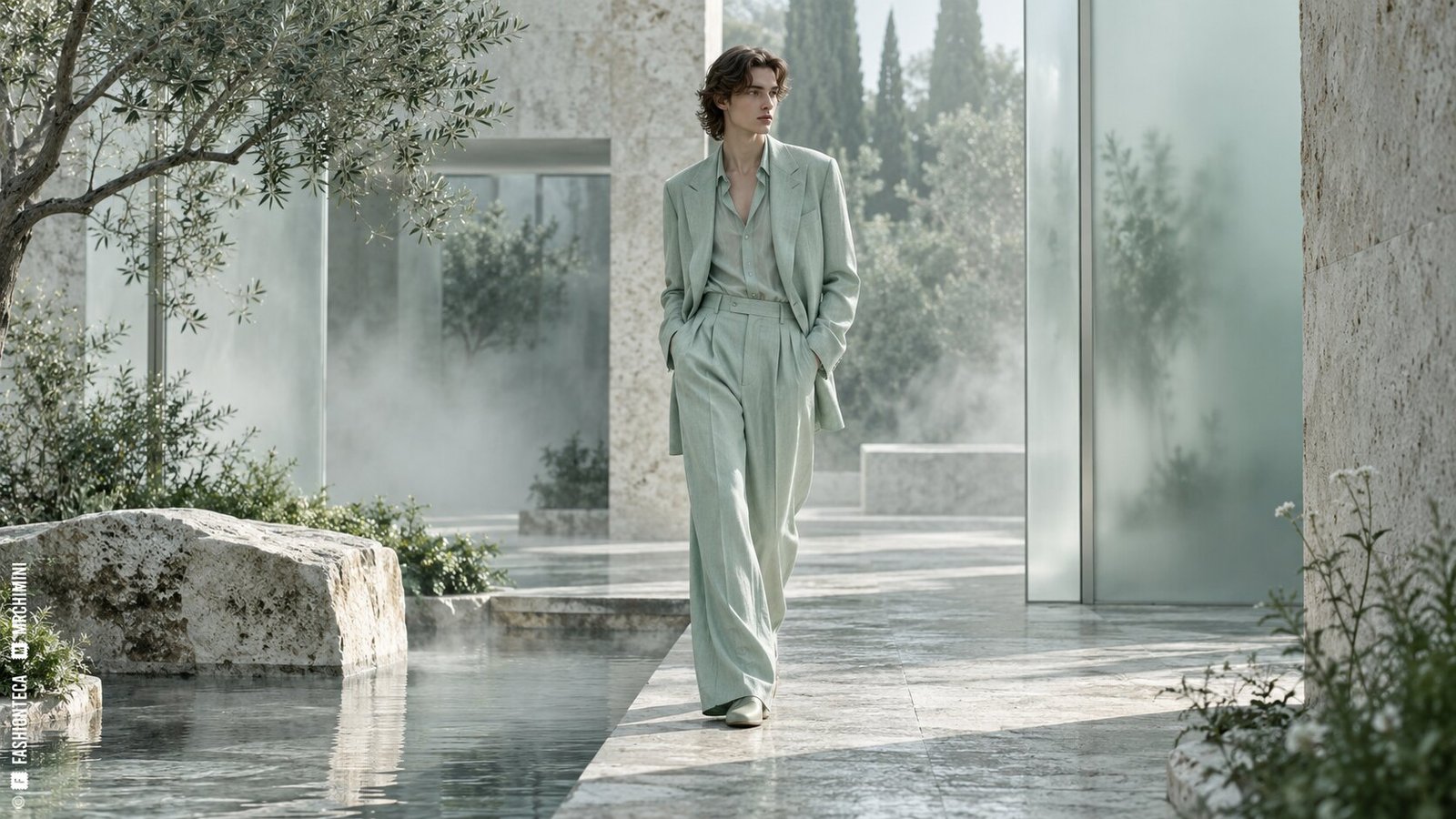Editorial de Moda verde agua en un jardín arquitectónico de piedra, vidrio esmerilado y niebla