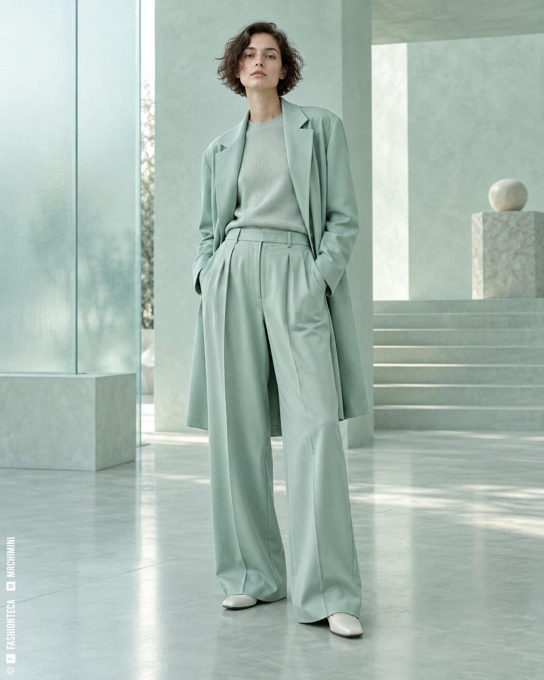 Modelo de cuerpo entero con sastrería suave verde agua en una arquitectura clara y neblinosa