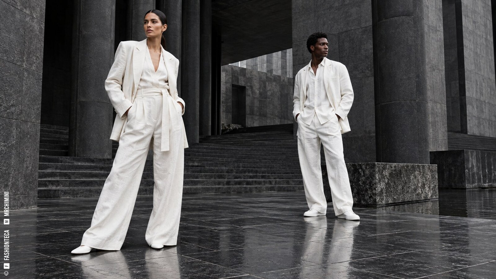 Editorial de Moda blanca con dos modelos de cuerpo entero en una arquitectura de basalto
