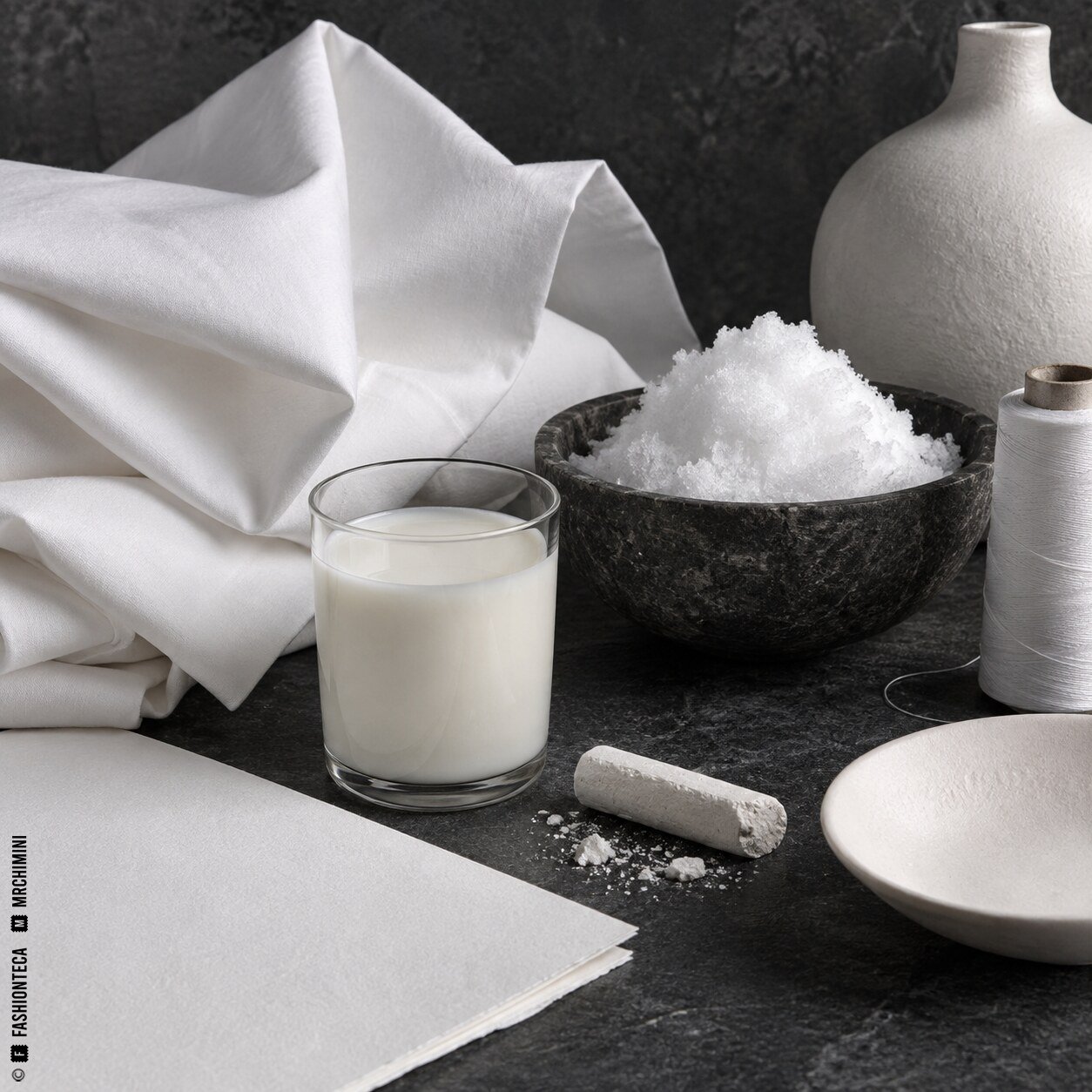Bodegón blanco con popelín, leche, nieve, tiza, porcelana, hilo y papel sobre pizarra oscura